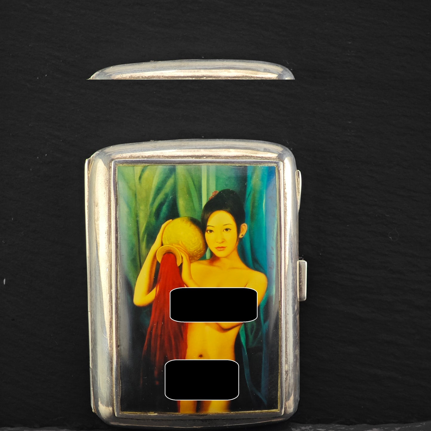 Antique Risque Art Nouveau Enamel Cigarette Case Sterling Silver MISC0342