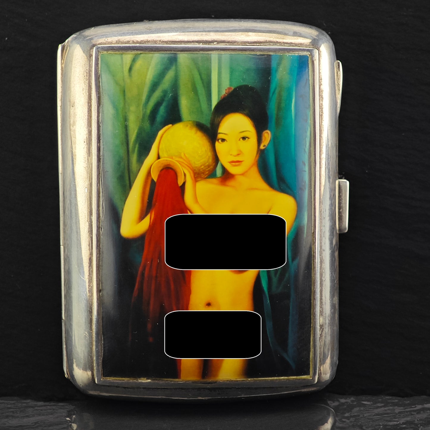 Antique Risque Art Nouveau Enamel Cigarette Case Sterling Silver MISC0342