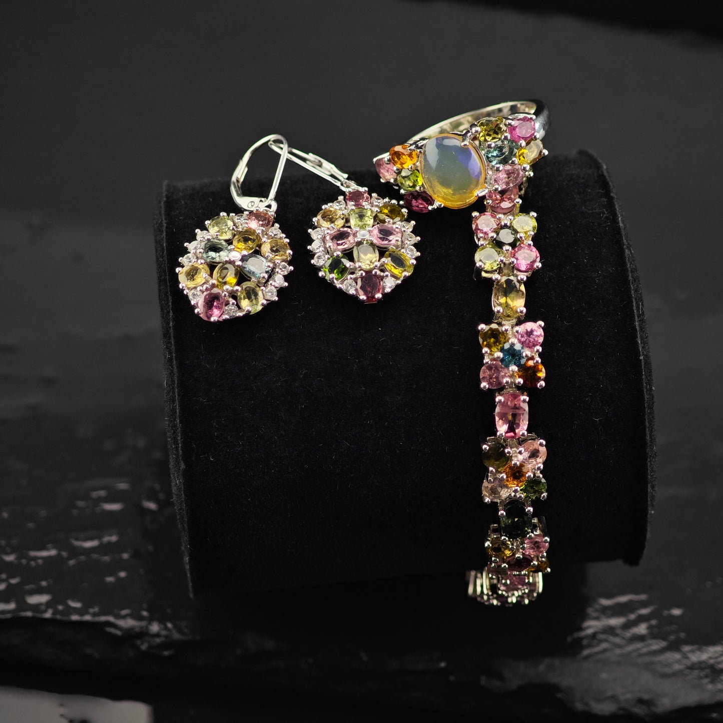 Floral Tourmaline Bracelet, Ring, and Earring Set