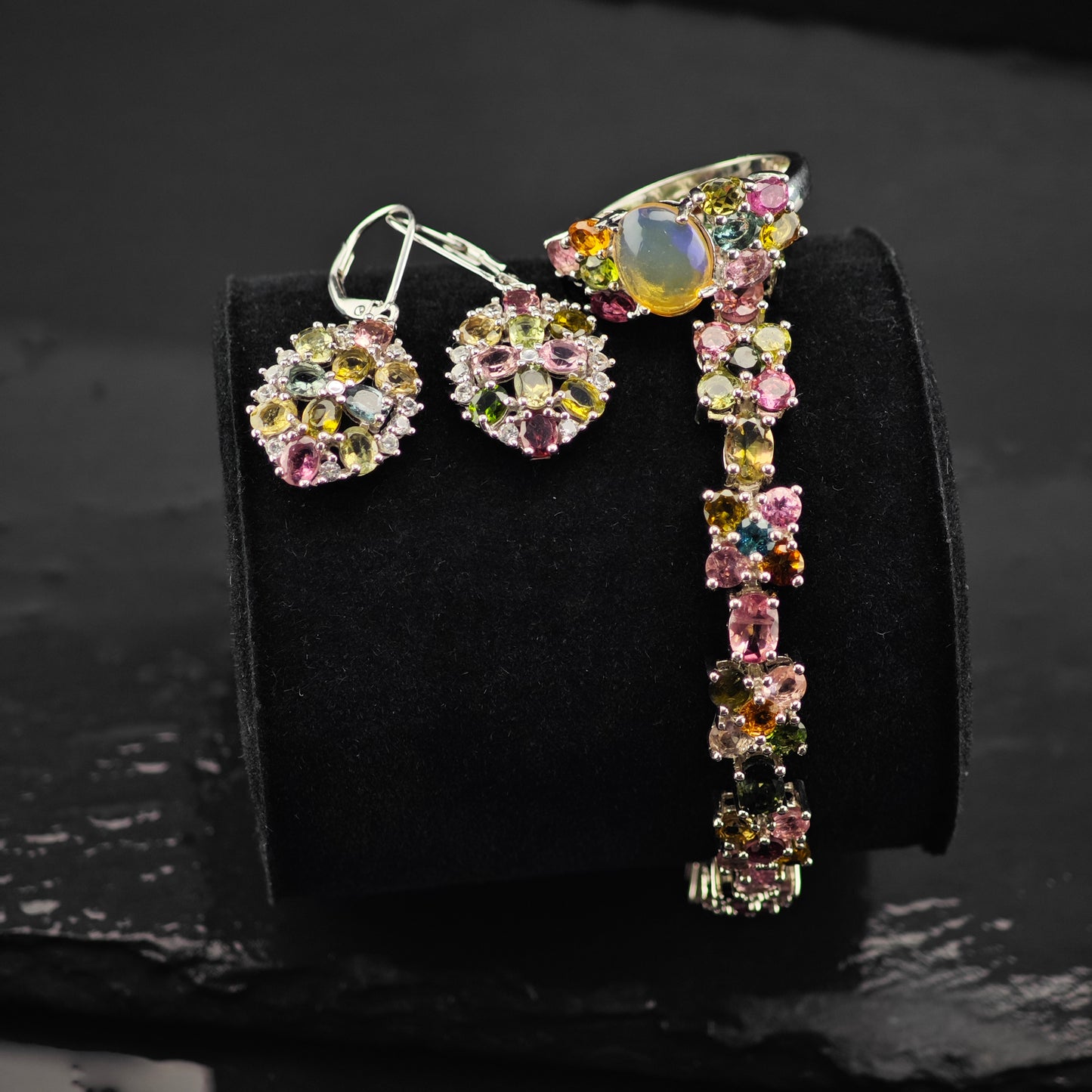 Floral Tourmaline Bracelet, Ring, and Earring Set