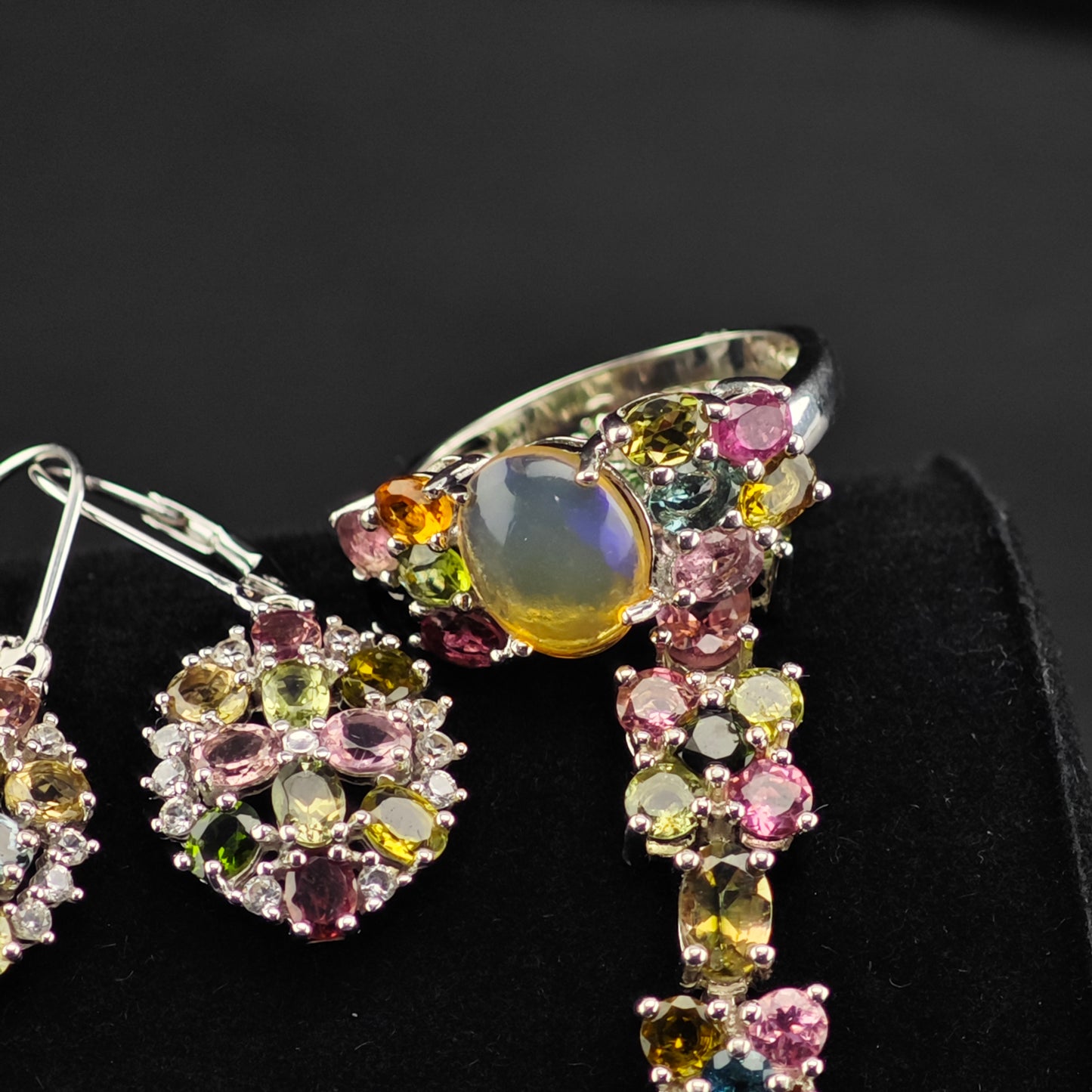 Floral Tourmaline Bracelet, Ring, and Earring Set