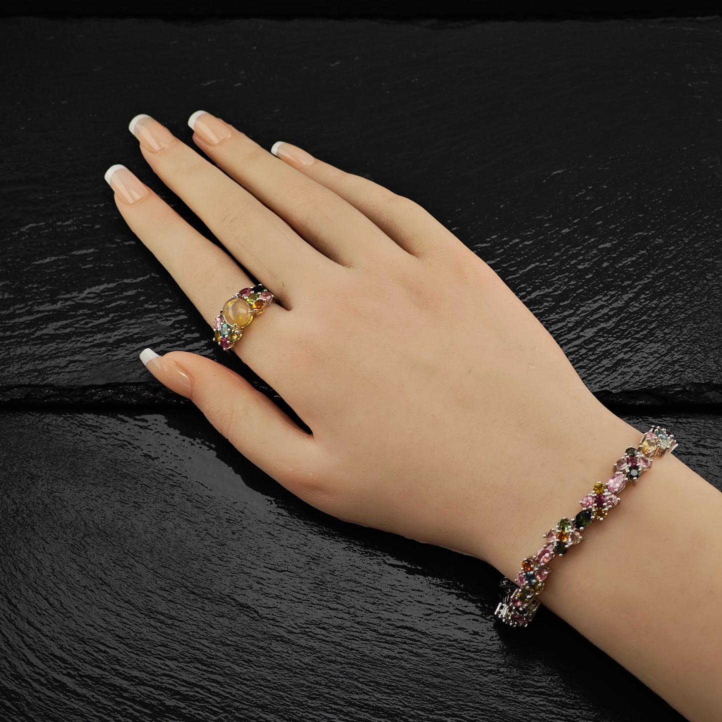 Floral Tourmaline Bracelet, Ring, and Earring Set