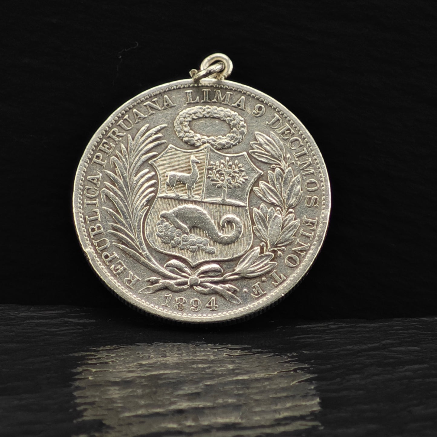 Peruvian "Un Sol" 1894 Coin Pendant Sterling Silver P2857