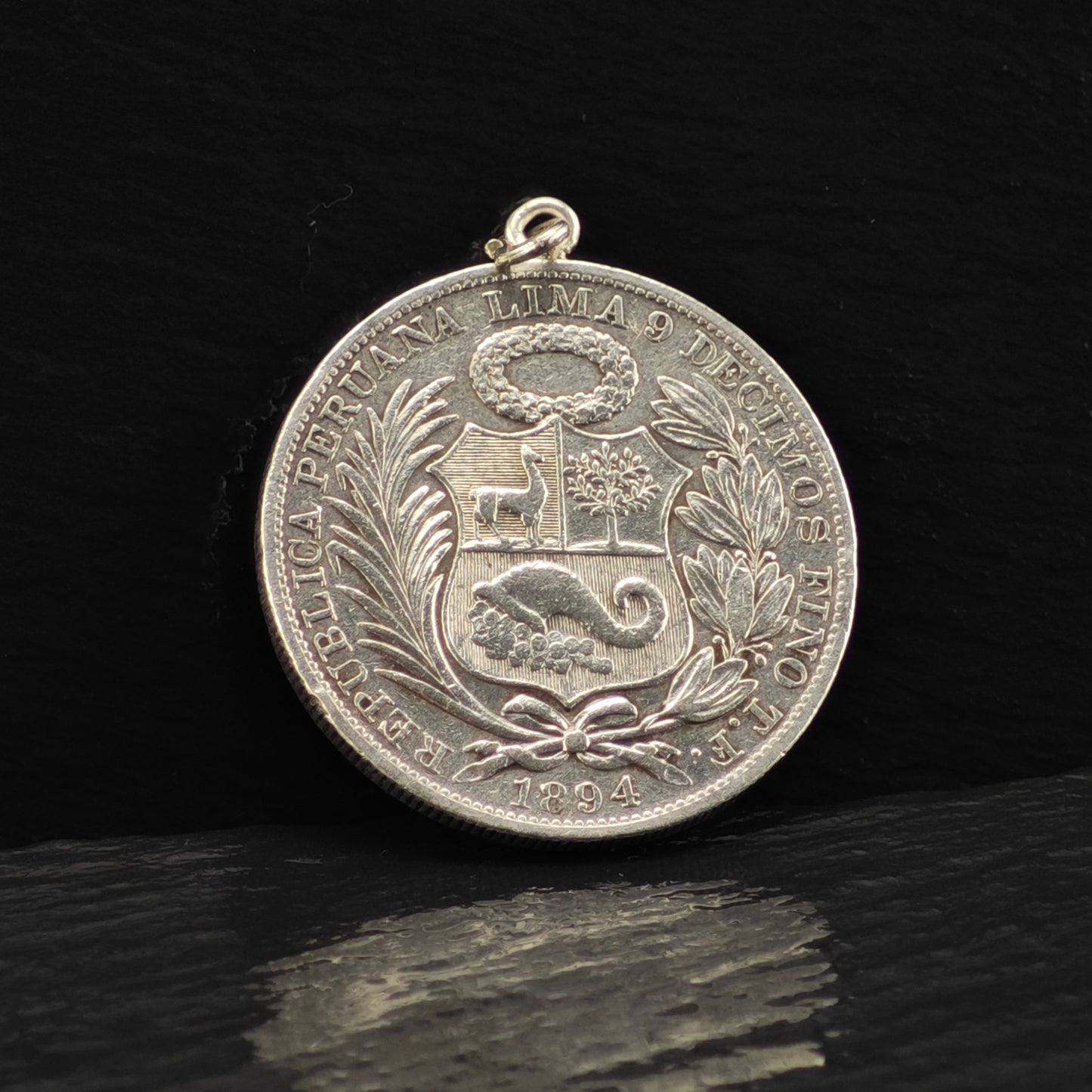 Peruvian "Un Sol" 1894 Coin Pendant Sterling Silver P2857