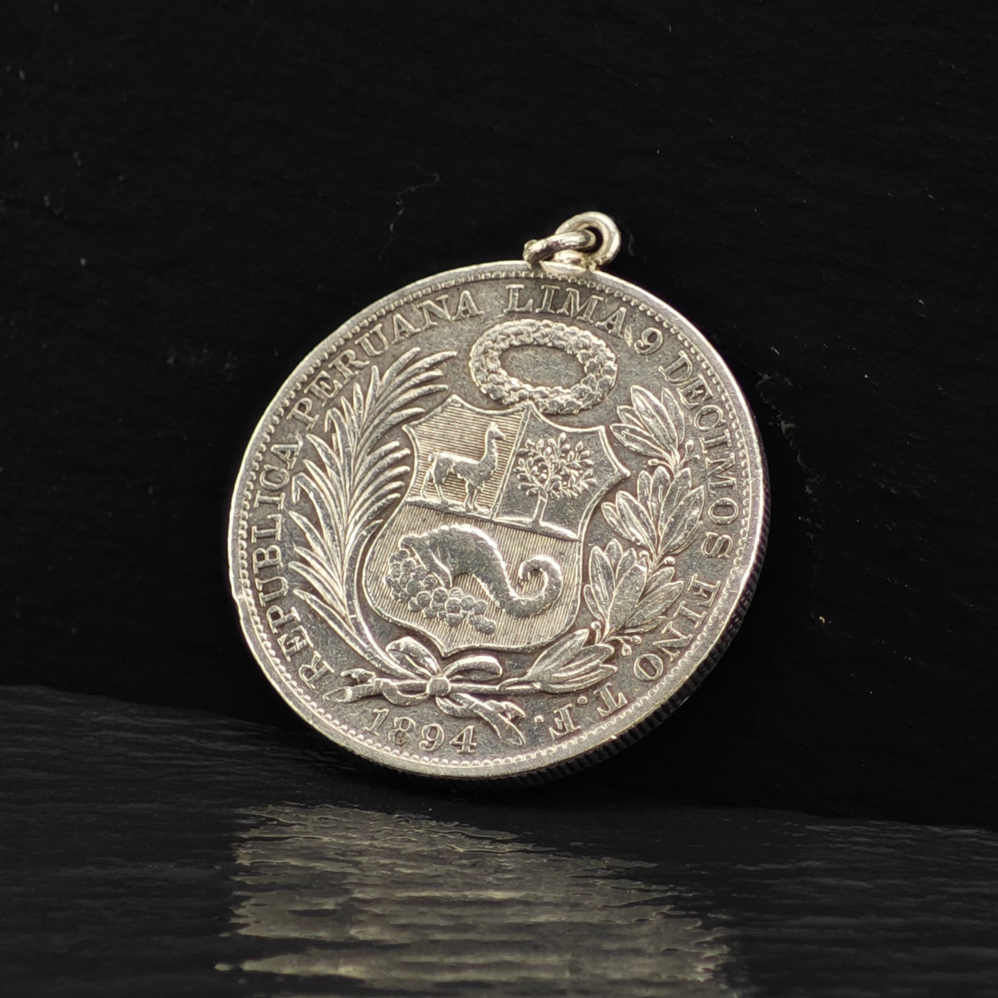 Peruvian "Un Sol" 1894 Coin Pendant Sterling Silver P2857