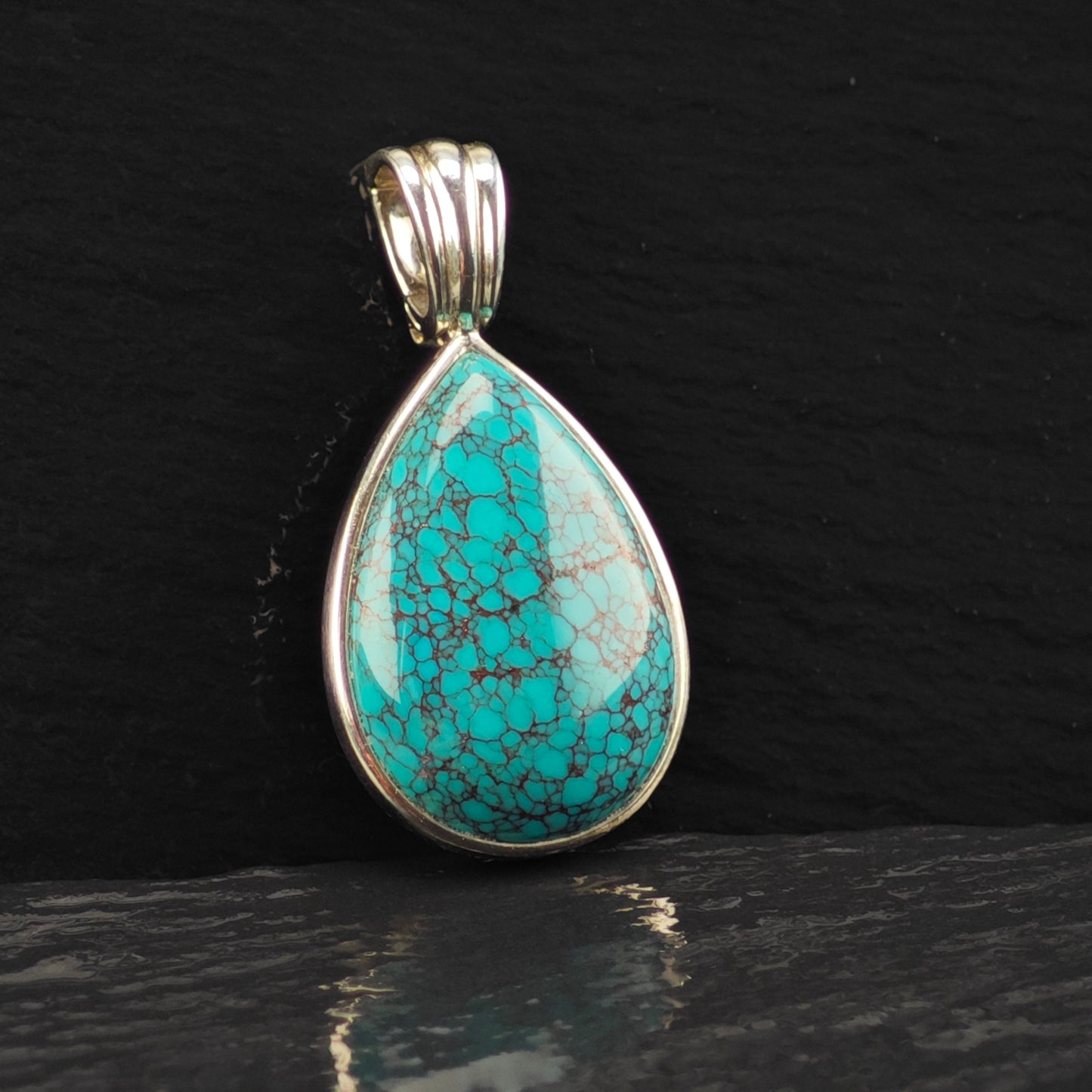 WK Spiderweb Turquoise Teardrop Pendant Sterling Silver P2859