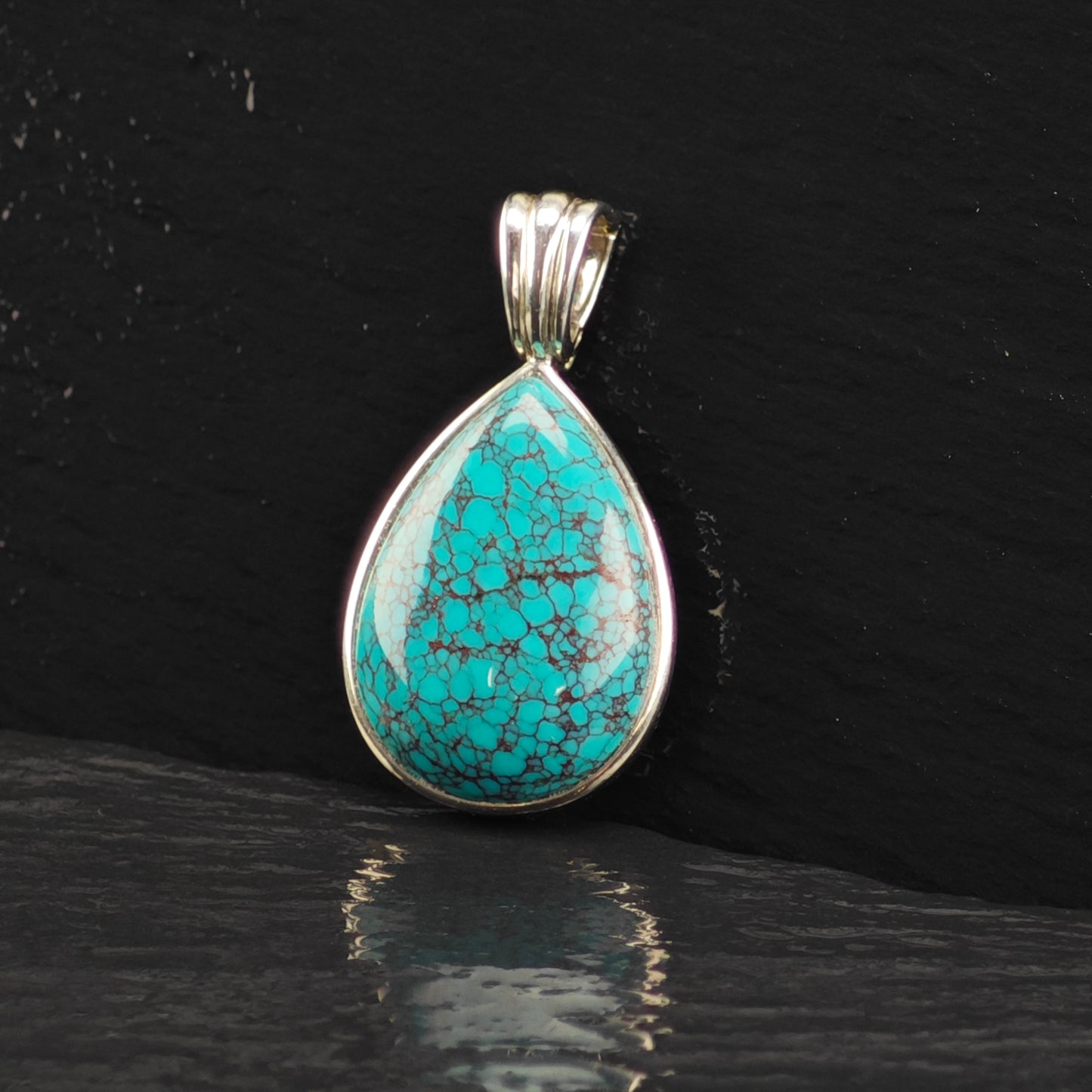 WK Spiderweb Turquoise Teardrop Pendant Sterling Silver P2859