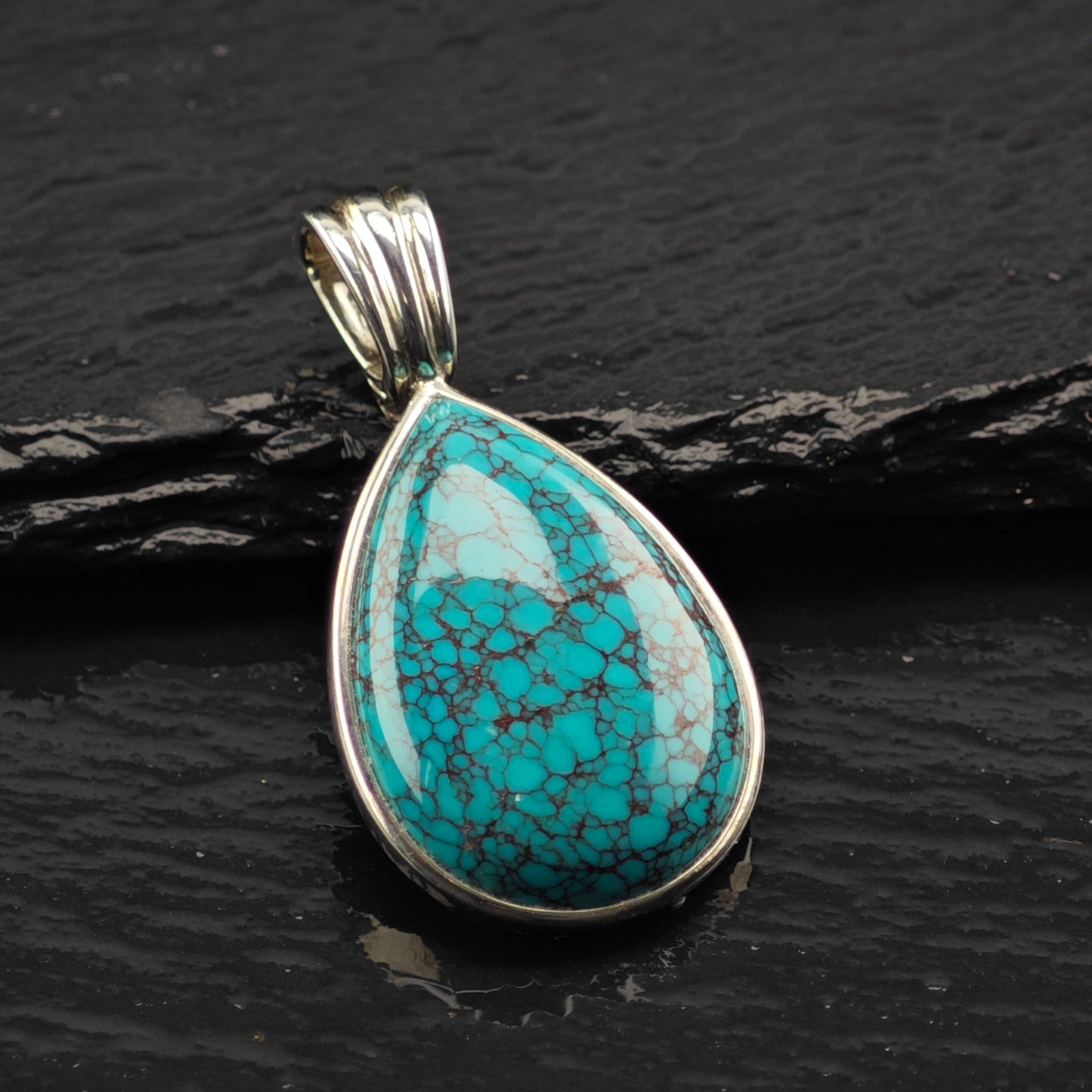 WK Spiderweb Turquoise Teardrop Pendant Sterling Silver P2859