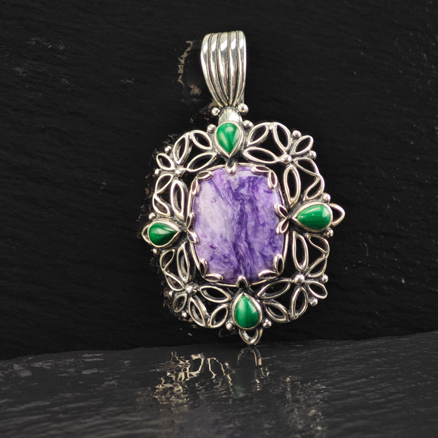 Carolyn Pollack Charoite, Malachite Pendant Sterling Silver P2866