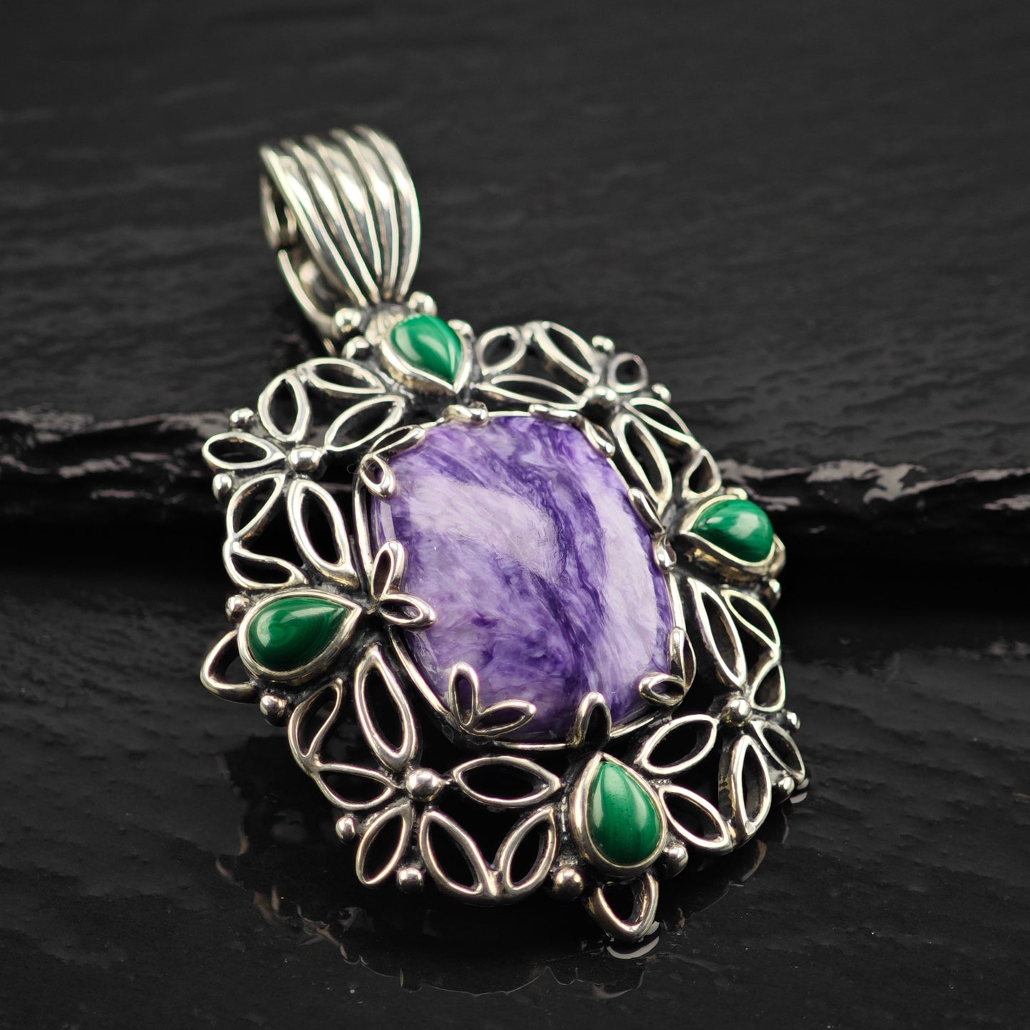 Carolyn Pollack Charoite, Malachite Pendant Sterling Silver P2866