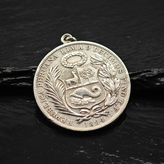 Peruvian "Un Sol" 1894 Coin Pendant Sterling Silver P2857