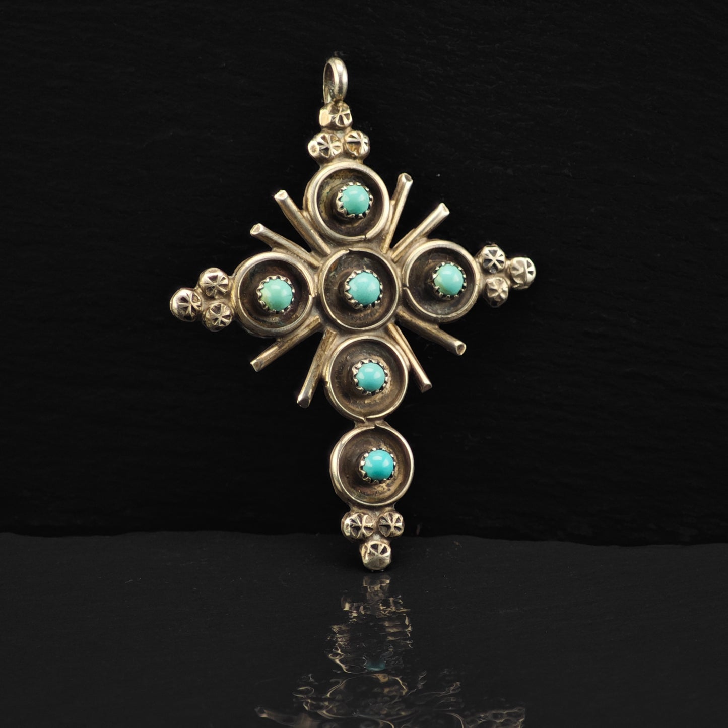 Zuni, Snake Eye Turquoise Cross Pendant Sterling Silver P2880
