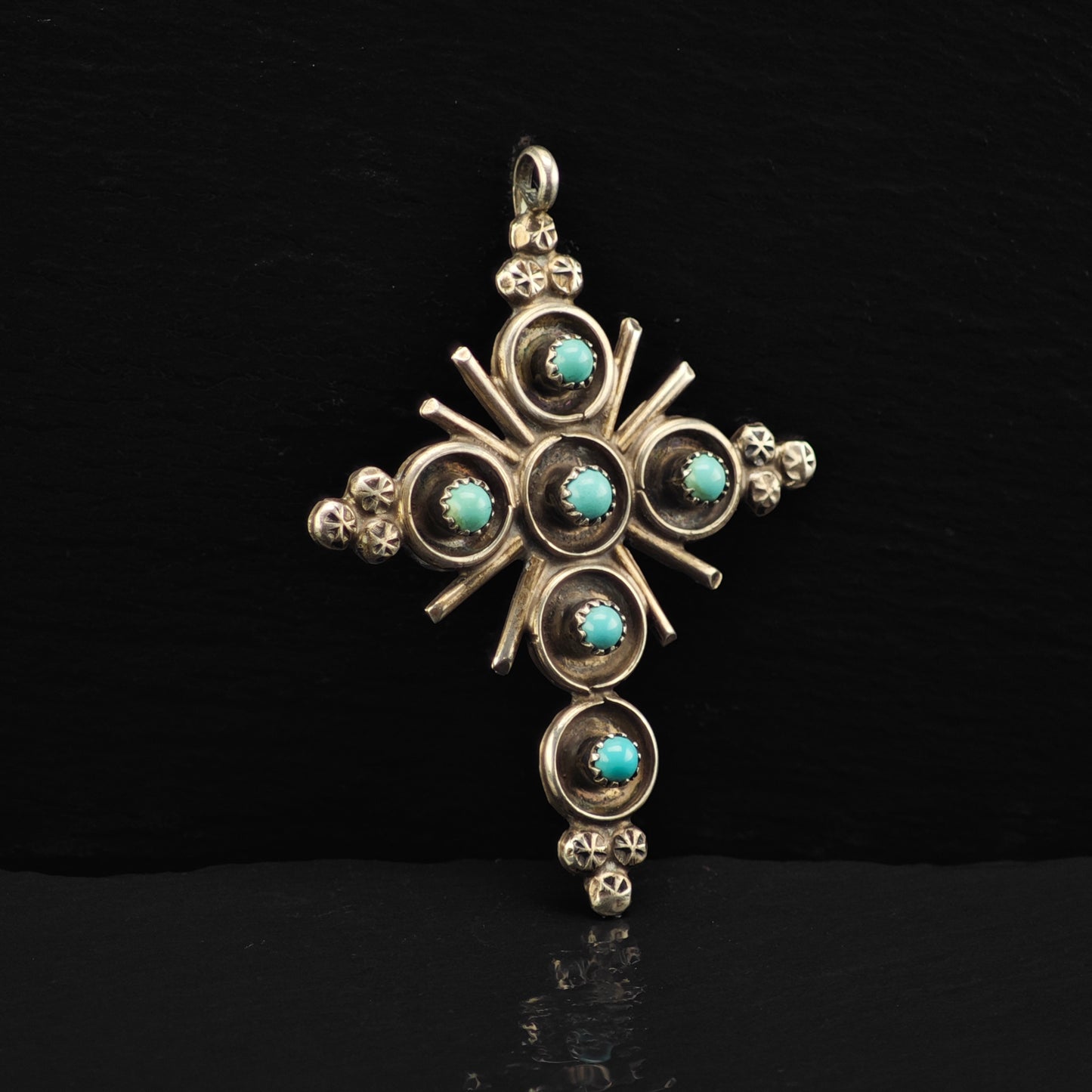Zuni, Snake Eye Turquoise Cross Pendant Sterling Silver P2880