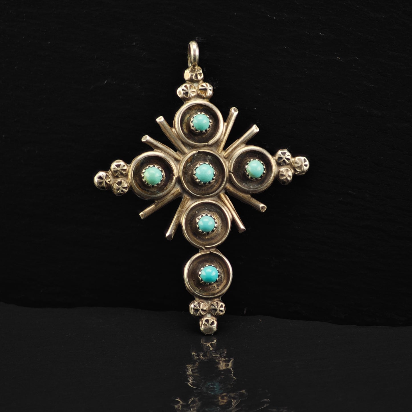 Zuni, Snake Eye Turquoise Cross Pendant Sterling Silver P2880