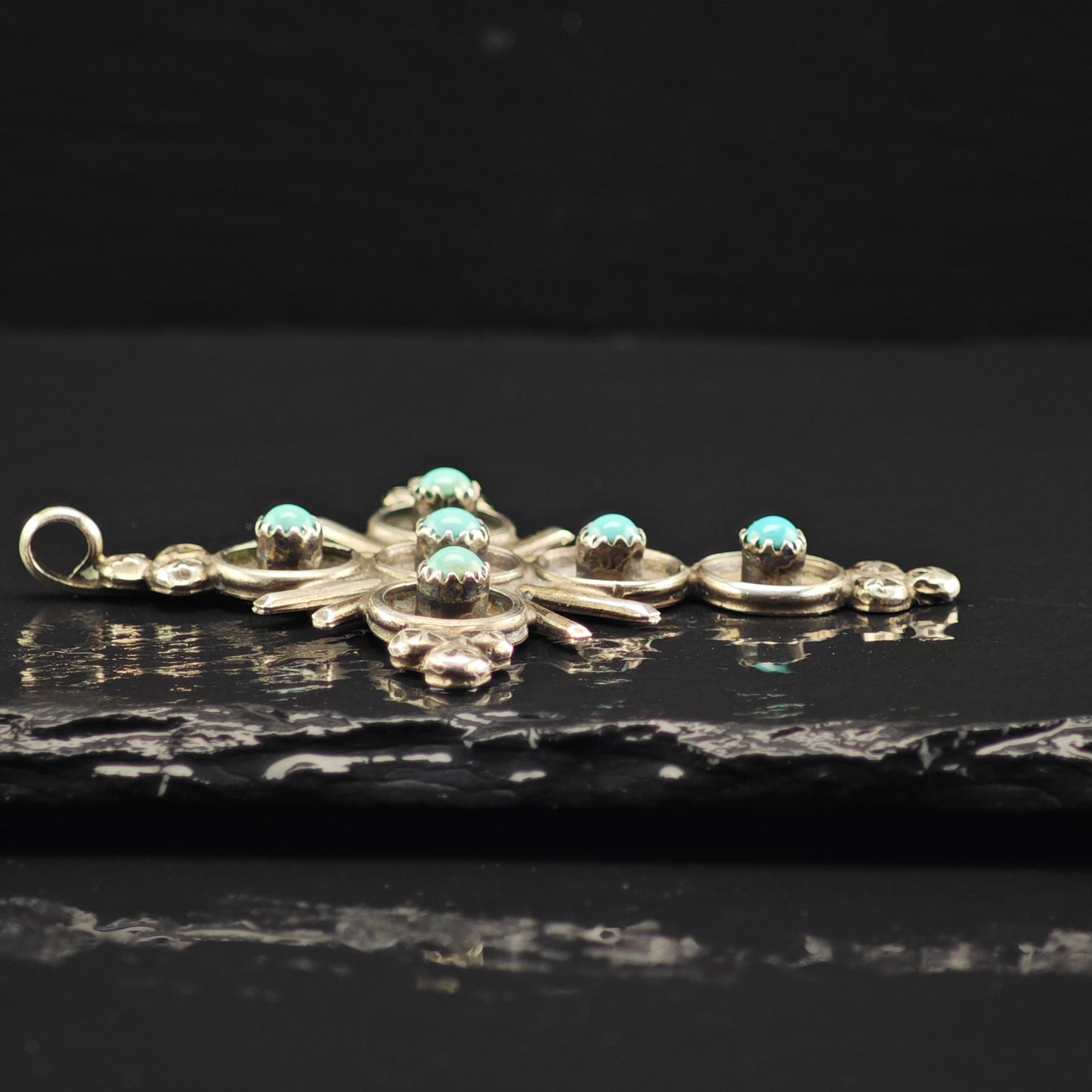 Zuni, Snake Eye Turquoise Cross Pendant Sterling Silver P2880