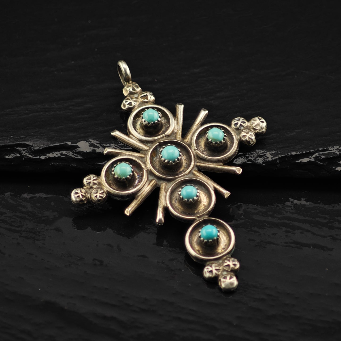 Zuni, Snake Eye Turquoise Cross Pendant Sterling Silver P2880