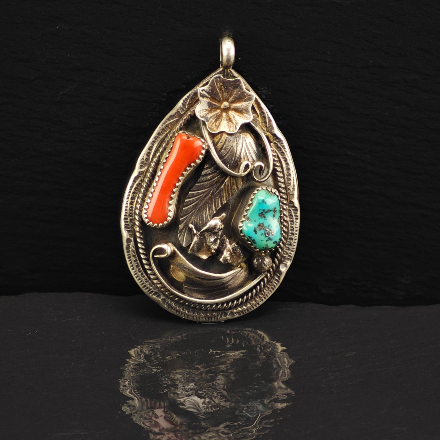 Native American Turquoise, Coral Floral Pendant Sterling Silver P2881