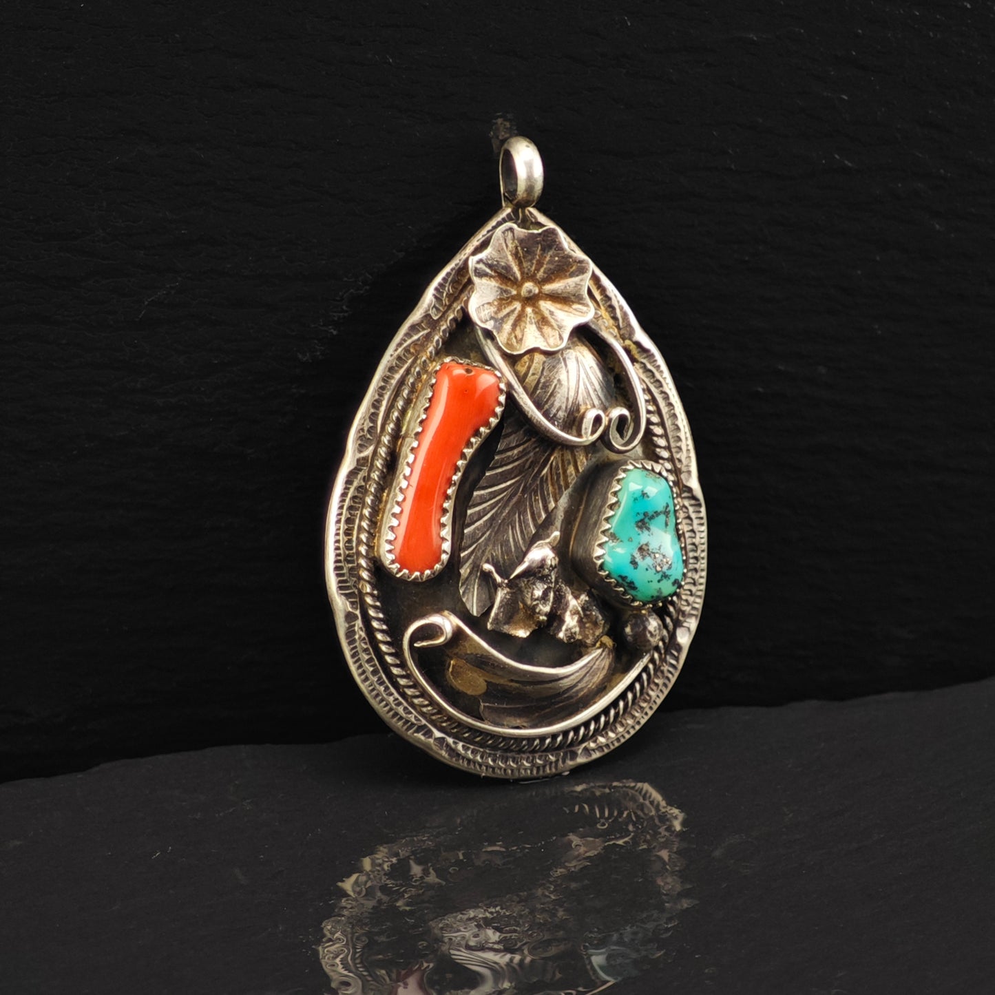 Native American Turquoise, Coral Floral Pendant Sterling Silver P2881