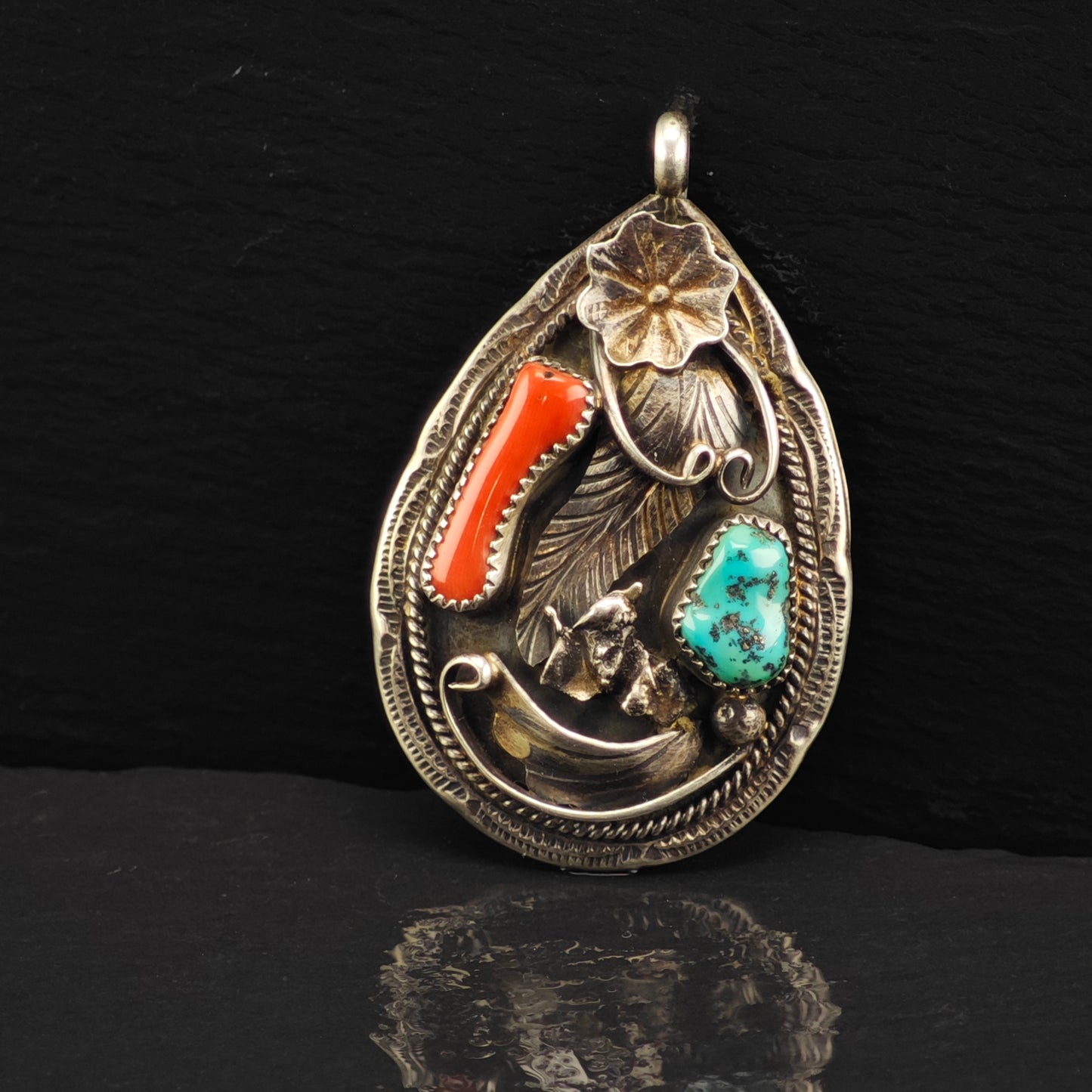 Native American Turquoise, Coral Floral Pendant Sterling Silver P2881