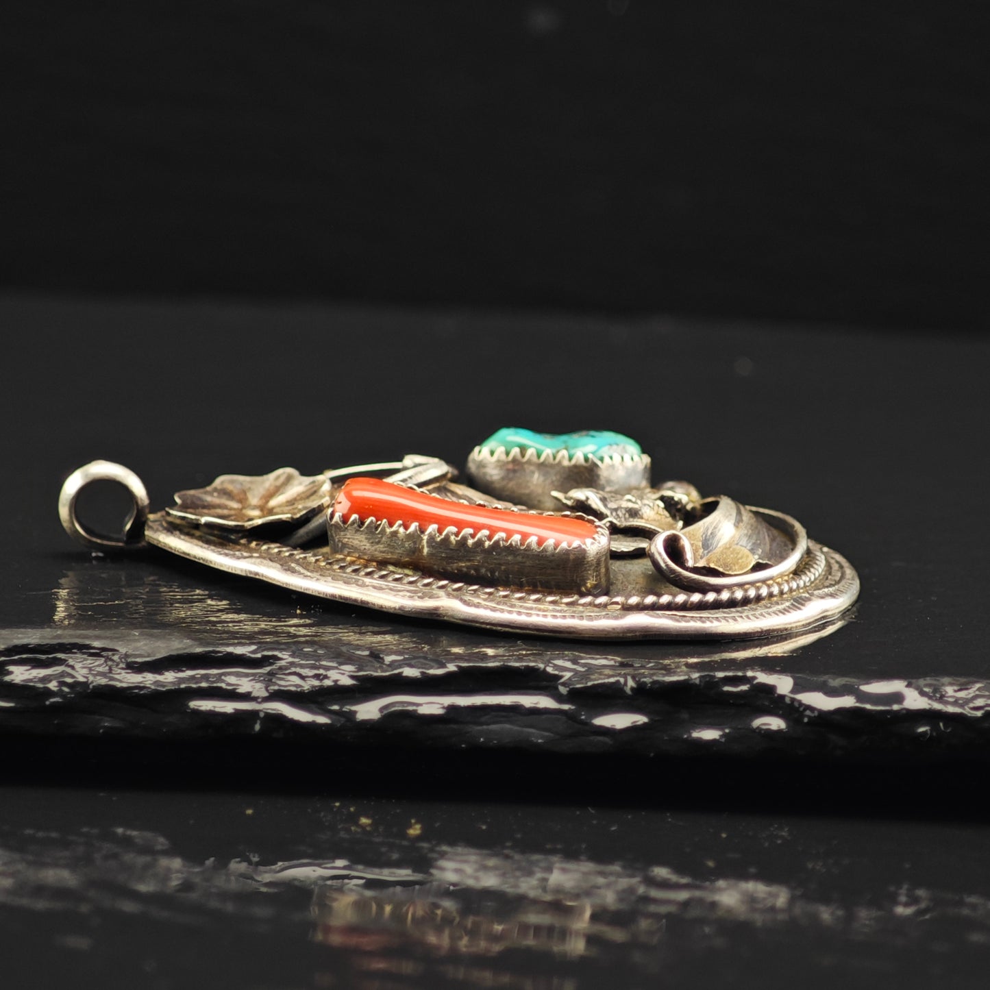Native American Turquoise, Coral Floral Pendant Sterling Silver P2881