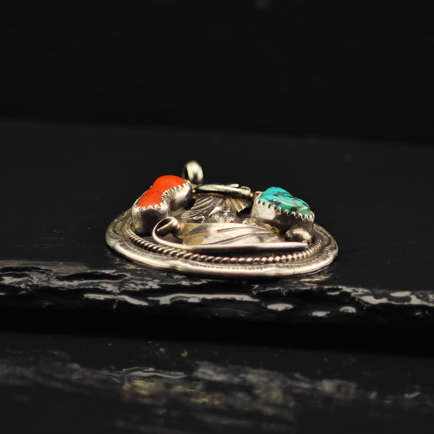 Native American Turquoise, Coral Floral Pendant Sterling Silver P2881