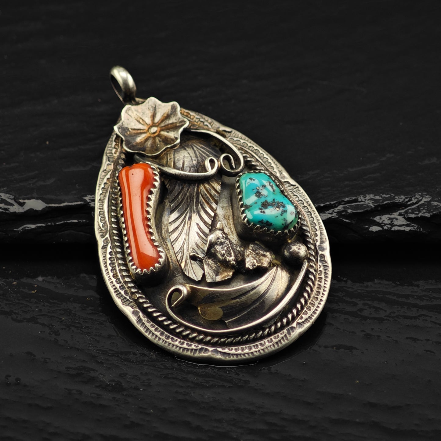 Native American Turquoise, Coral Floral Pendant Sterling Silver P2881