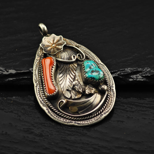 Native American Turquoise, Coral Floral Pendant Sterling Silver P2881