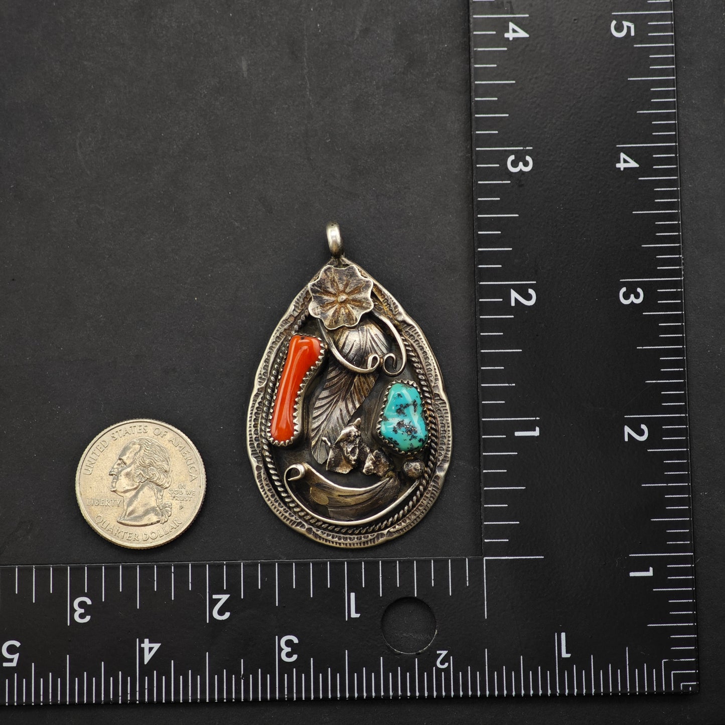 Native American Turquoise, Coral Floral Pendant Sterling Silver P2881