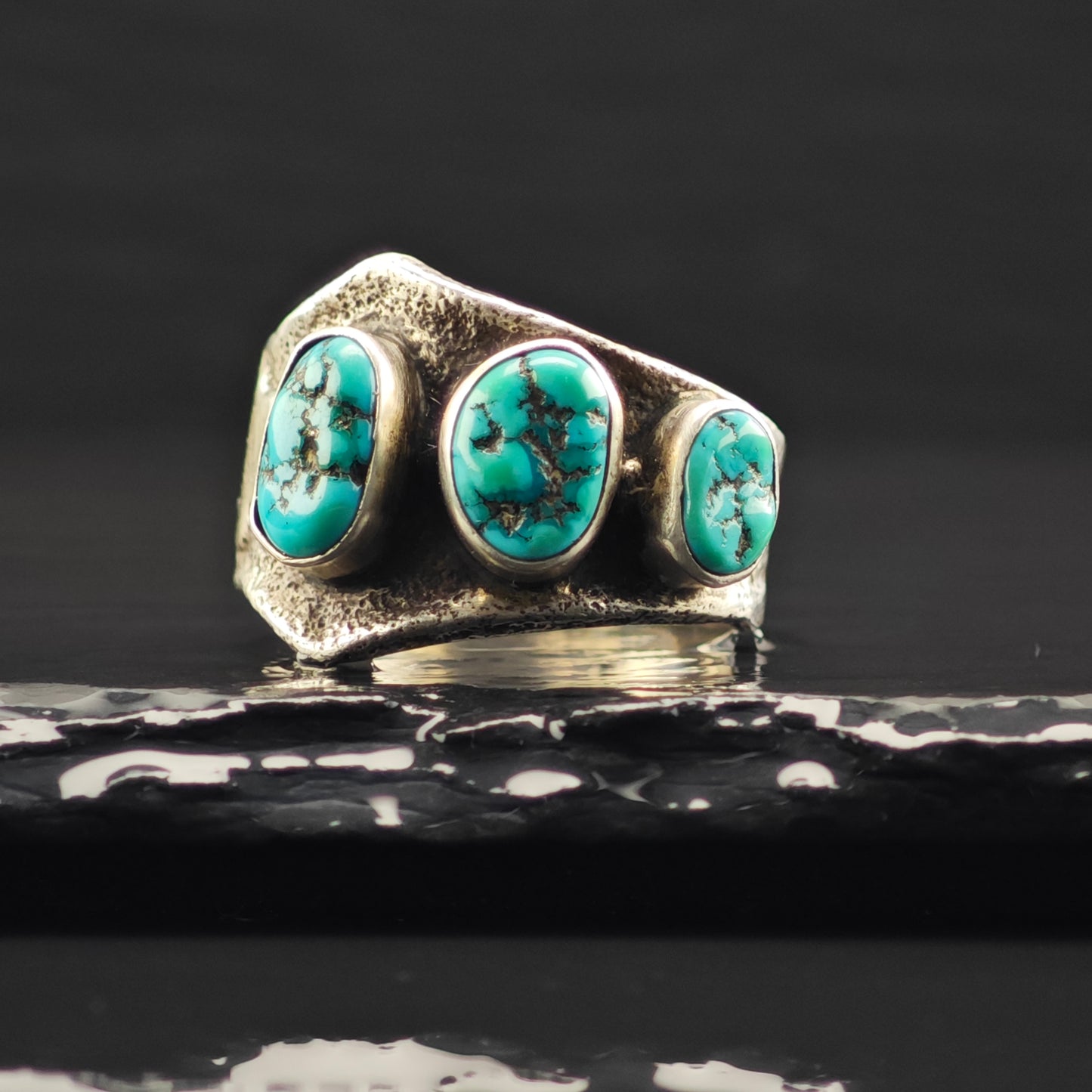 Al Nez, Navajo Tufa Cast Turquoise Ring Sterling Silver Sz 9 1/2 R6328
