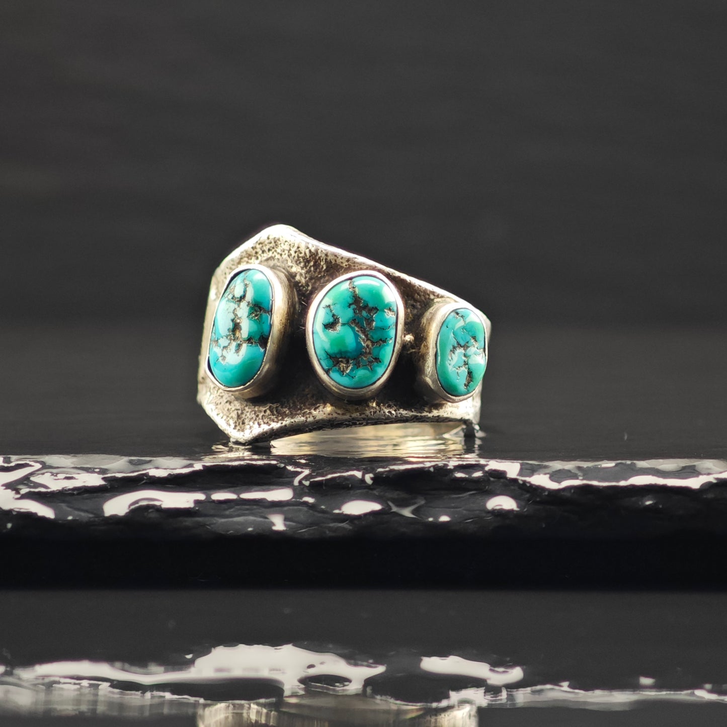 Al Nez, Navajo Tufa Cast Turquoise Ring Sterling Silver Sz 9 1/2 R6328
