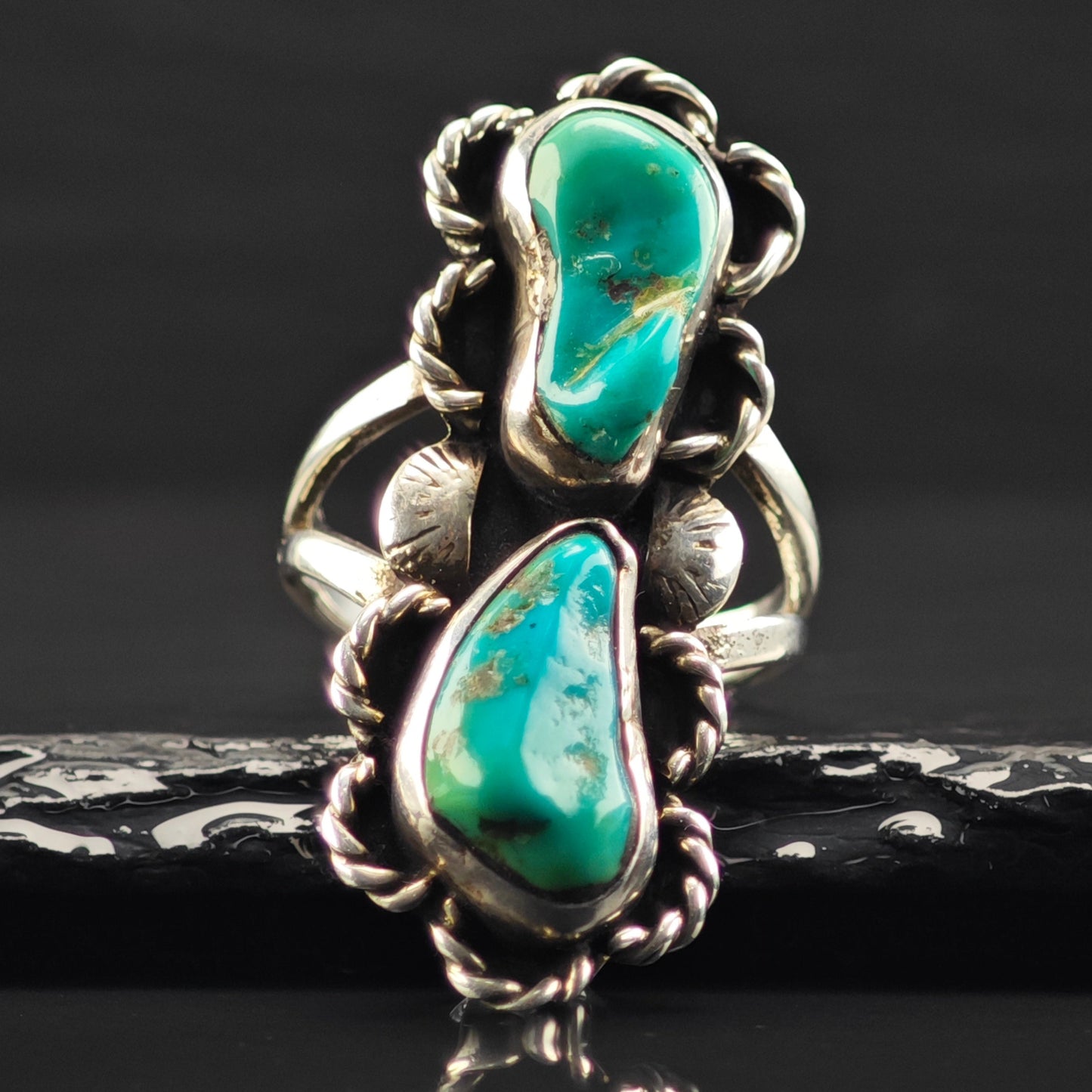 Turquoise, Floral Ring Sterling Silver Sz 9 R6329
