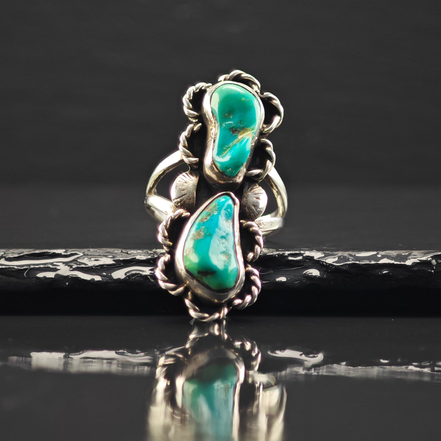 Turquoise, Floral Ring Sterling Silver Sz 9 R6329