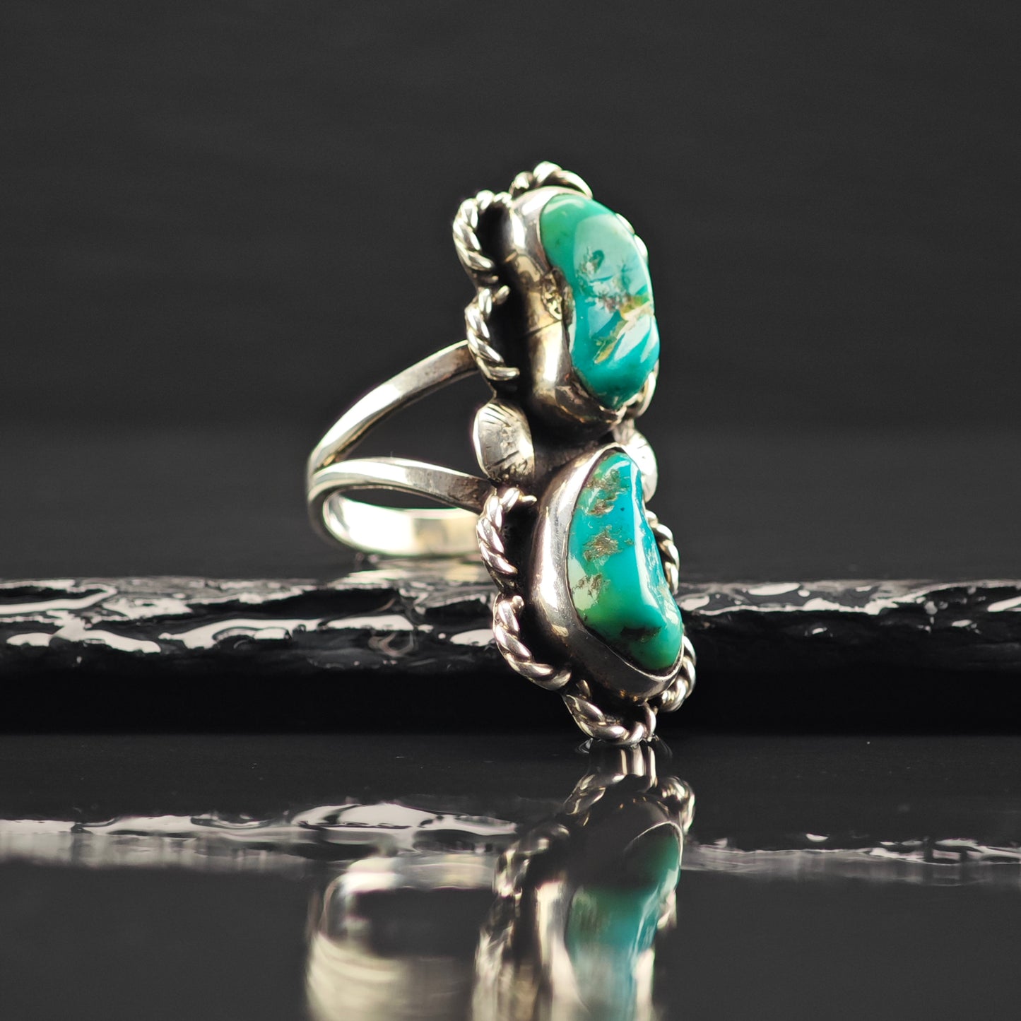 Turquoise, Floral Ring Sterling Silver Sz 9 R6329