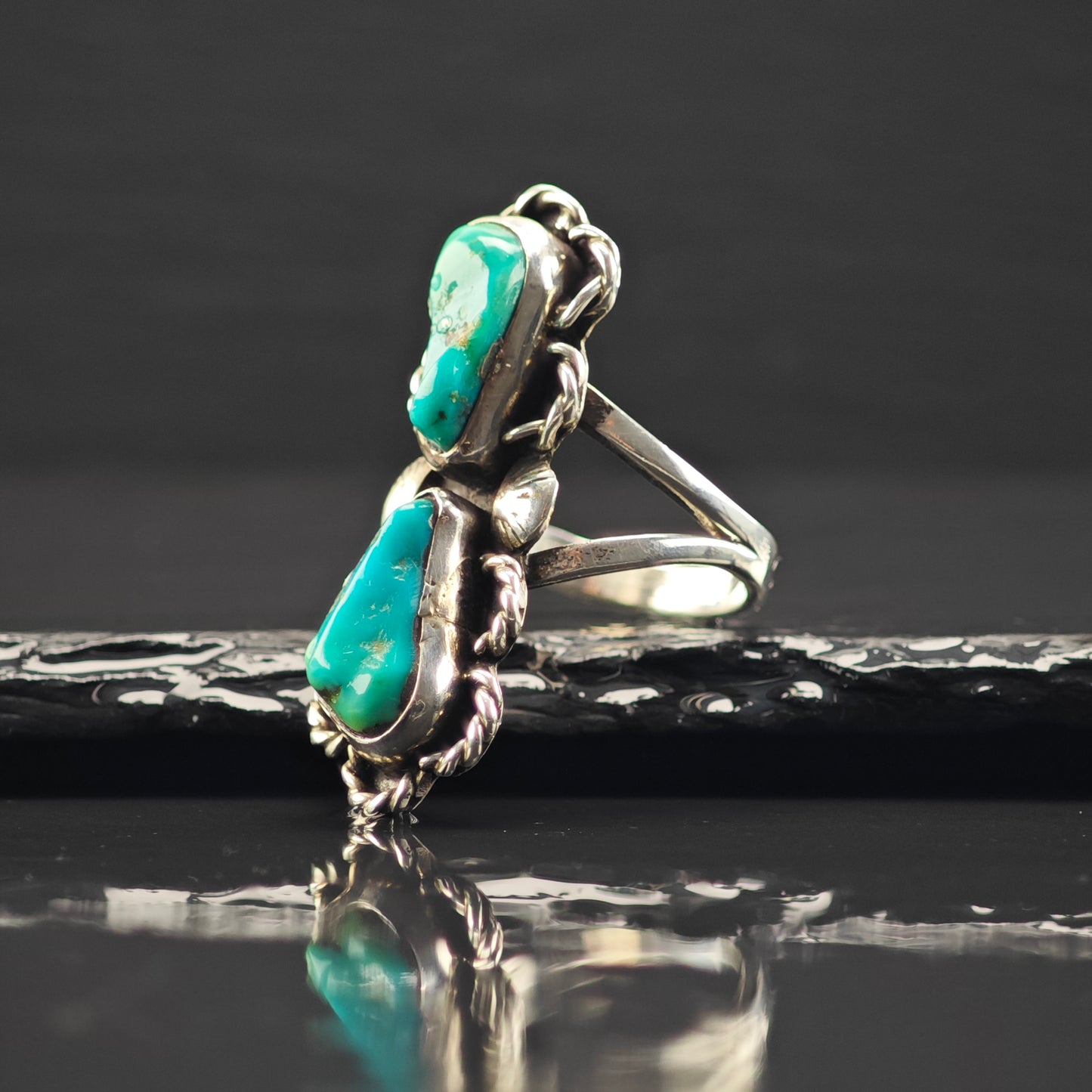 Turquoise, Floral Ring Sterling Silver Sz 9 R6329