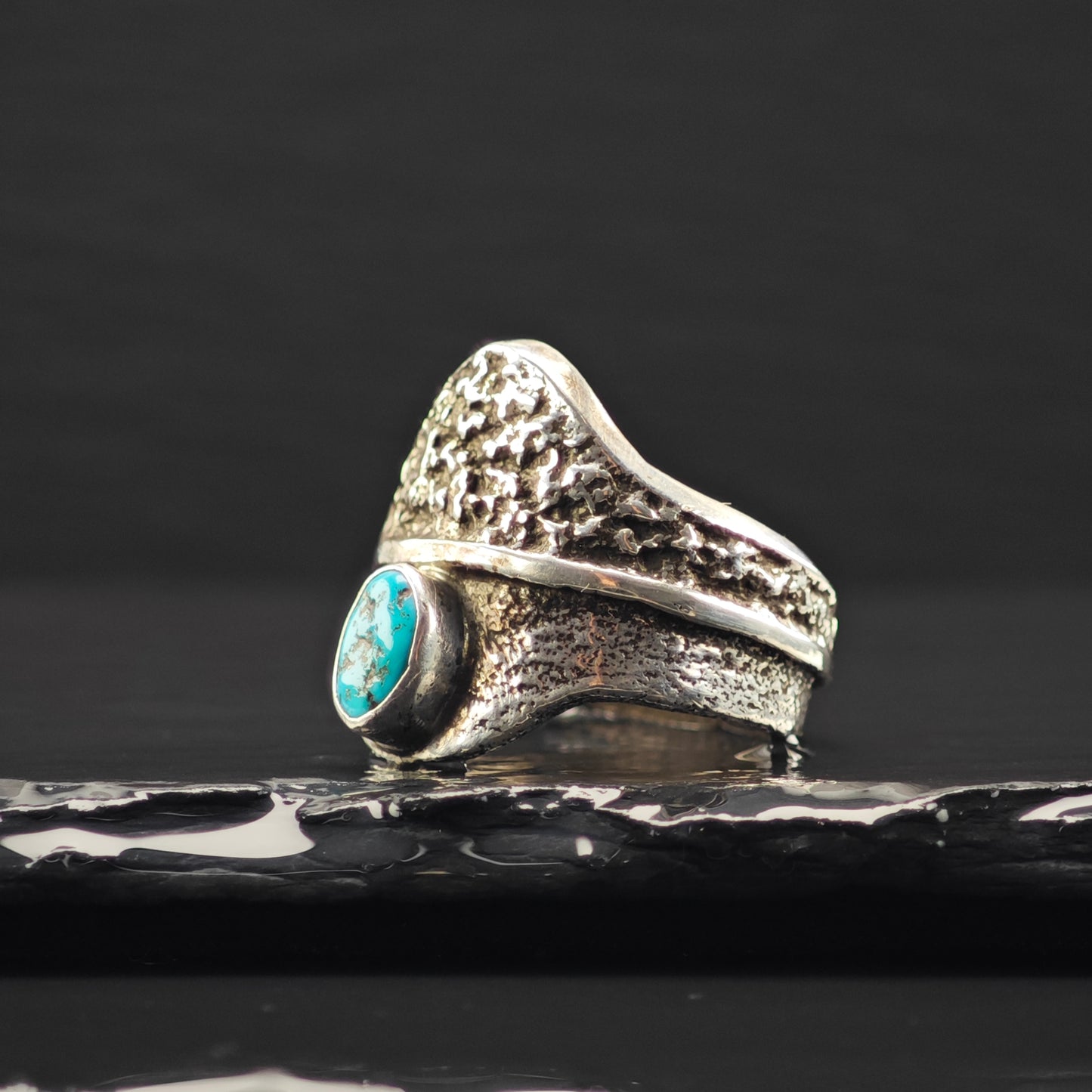 Al Nez, Navajo Tufacast Turquoise Ring Sterling Silver Sz 10 1/2 R6332