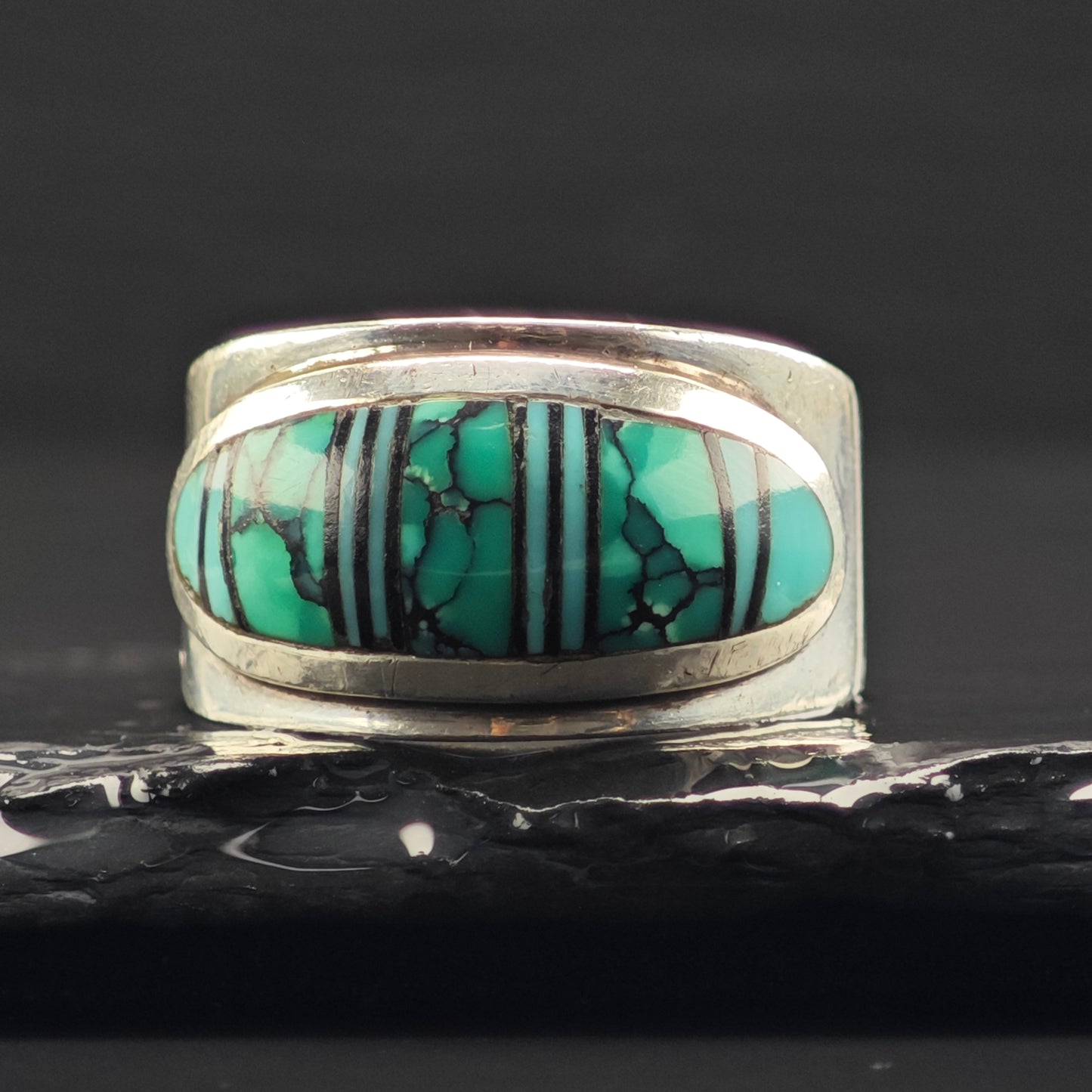 James Lee, Navajo Turquoise Inlay Ring Sterling Silver Sz 13 R6333
