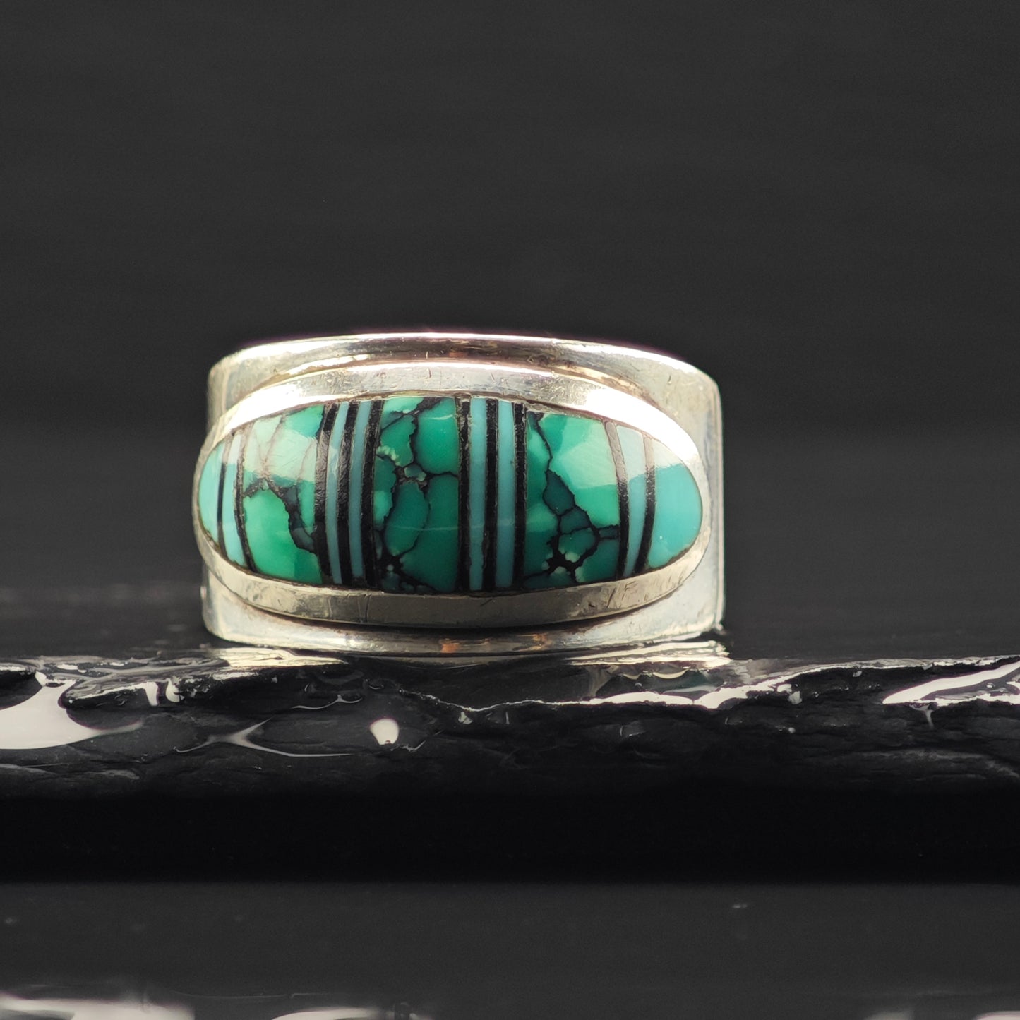 James Lee, Navajo Turquoise Inlay Ring Sterling Silver Sz 13 R6333