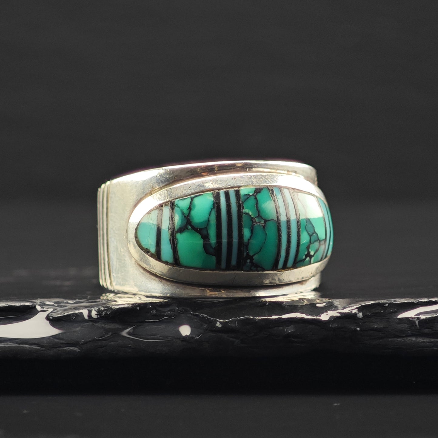 James Lee, Navajo Turquoise Inlay Ring Sterling Silver Sz 13 R6333