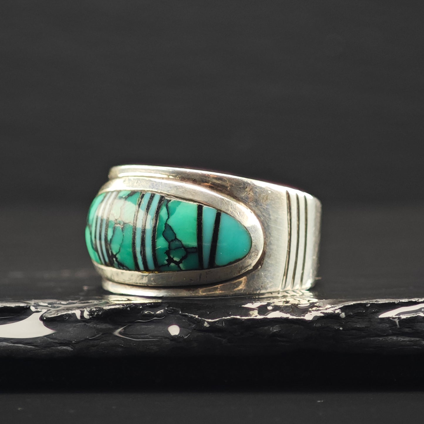 James Lee, Navajo Turquoise Inlay Ring Sterling Silver Sz 13 R6333