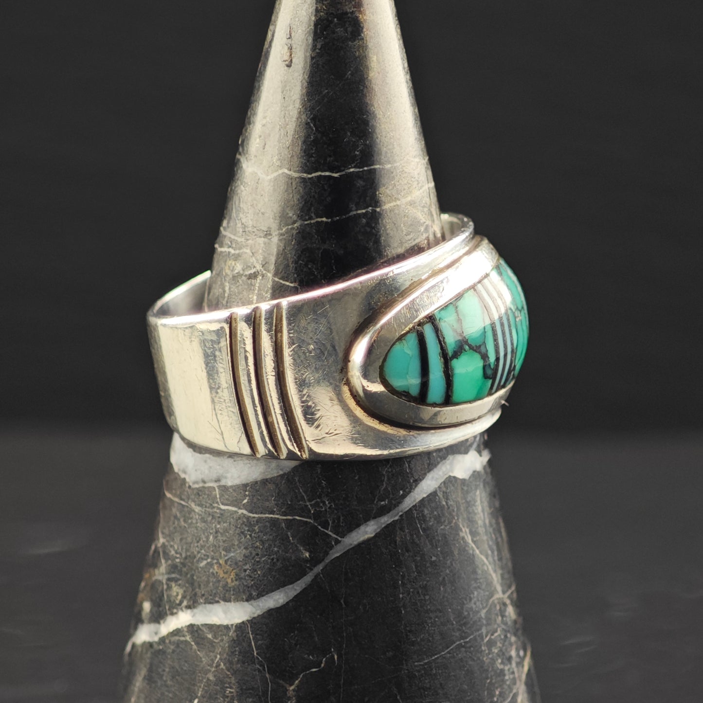 James Lee, Navajo Turquoise Inlay Ring Sterling Silver Sz 13 R6333