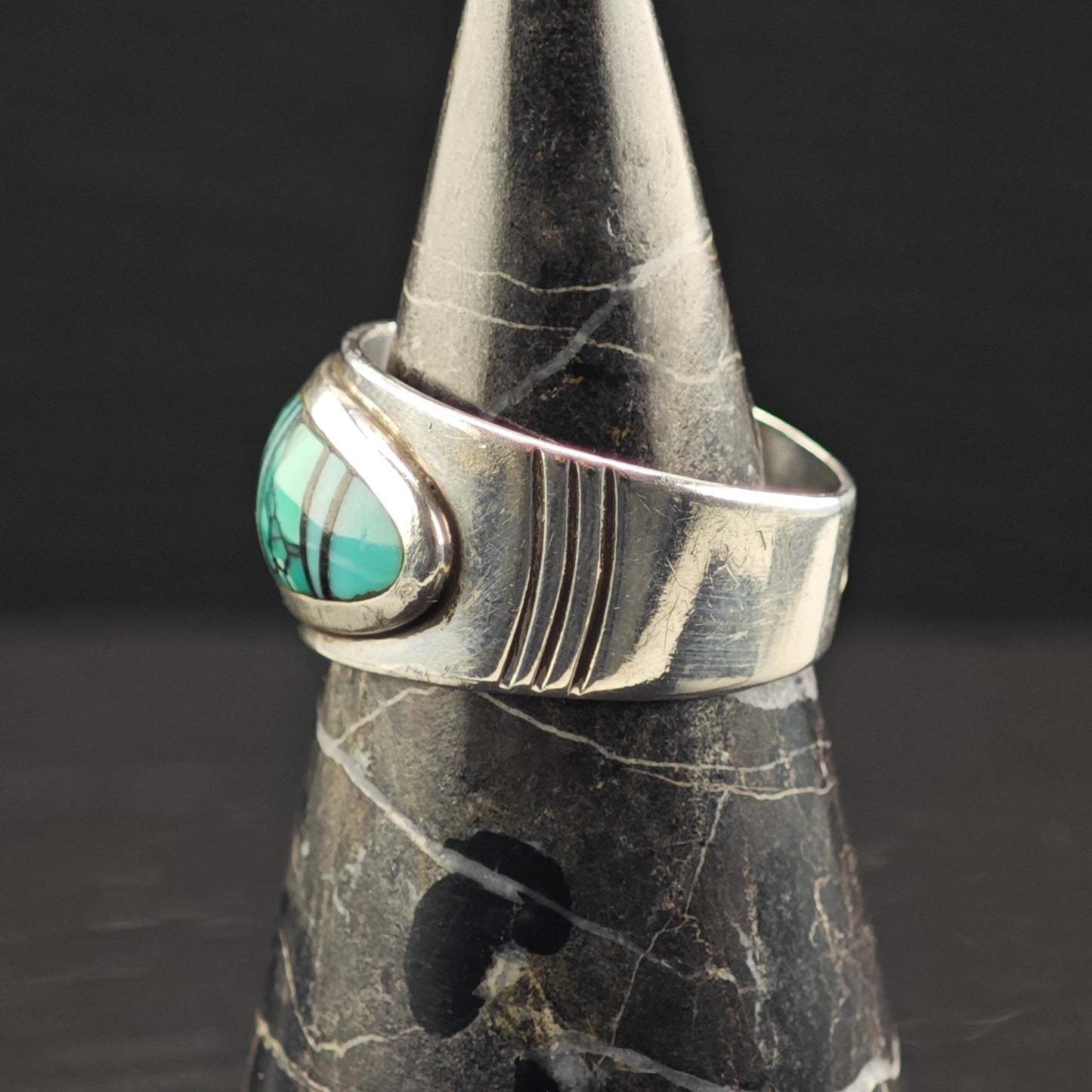 James Lee, Navajo Turquoise Inlay Ring Sterling Silver Sz 13 R6333