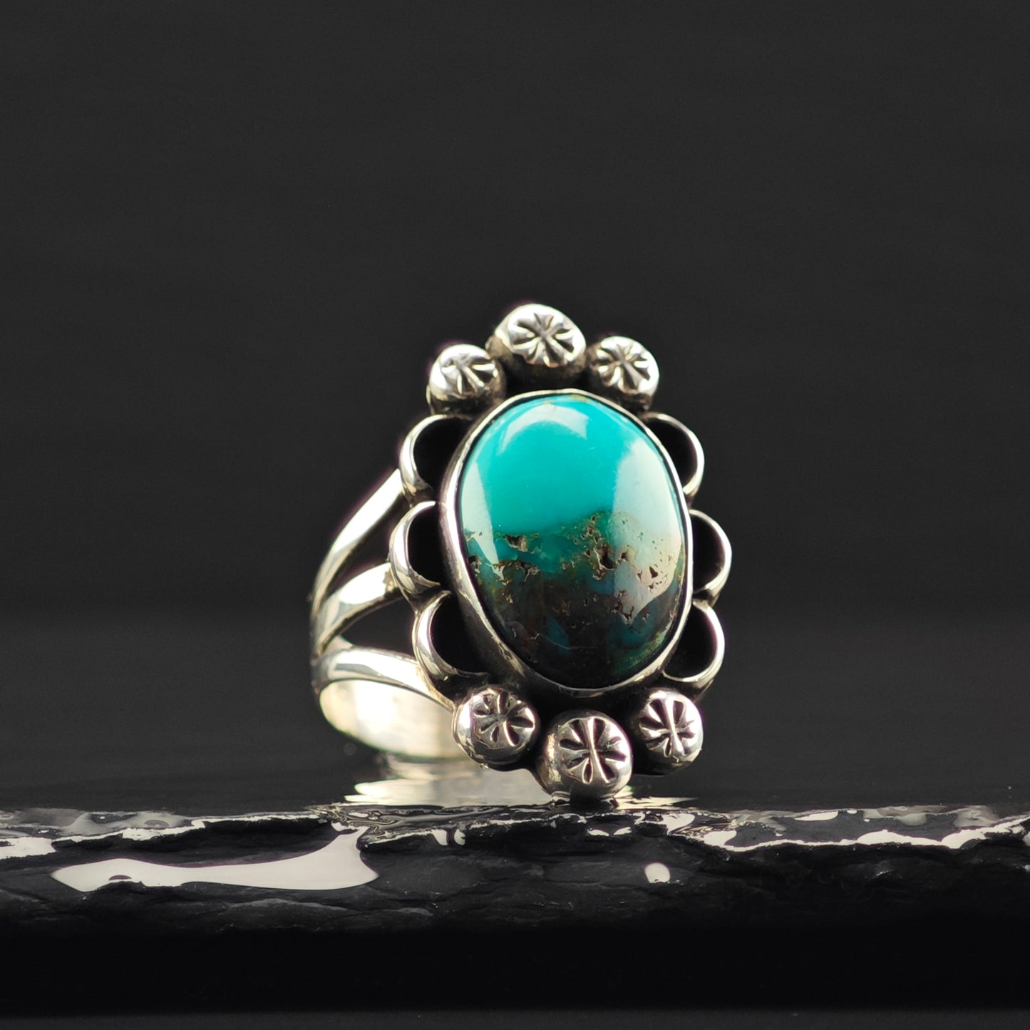 OOAK Native American Turquoise Ring Sterling Silver Sz 9 R6338