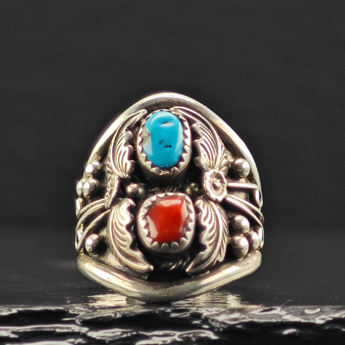 Native American Turquoise, Coral Ring Sterling Silver Sz 10 R6343