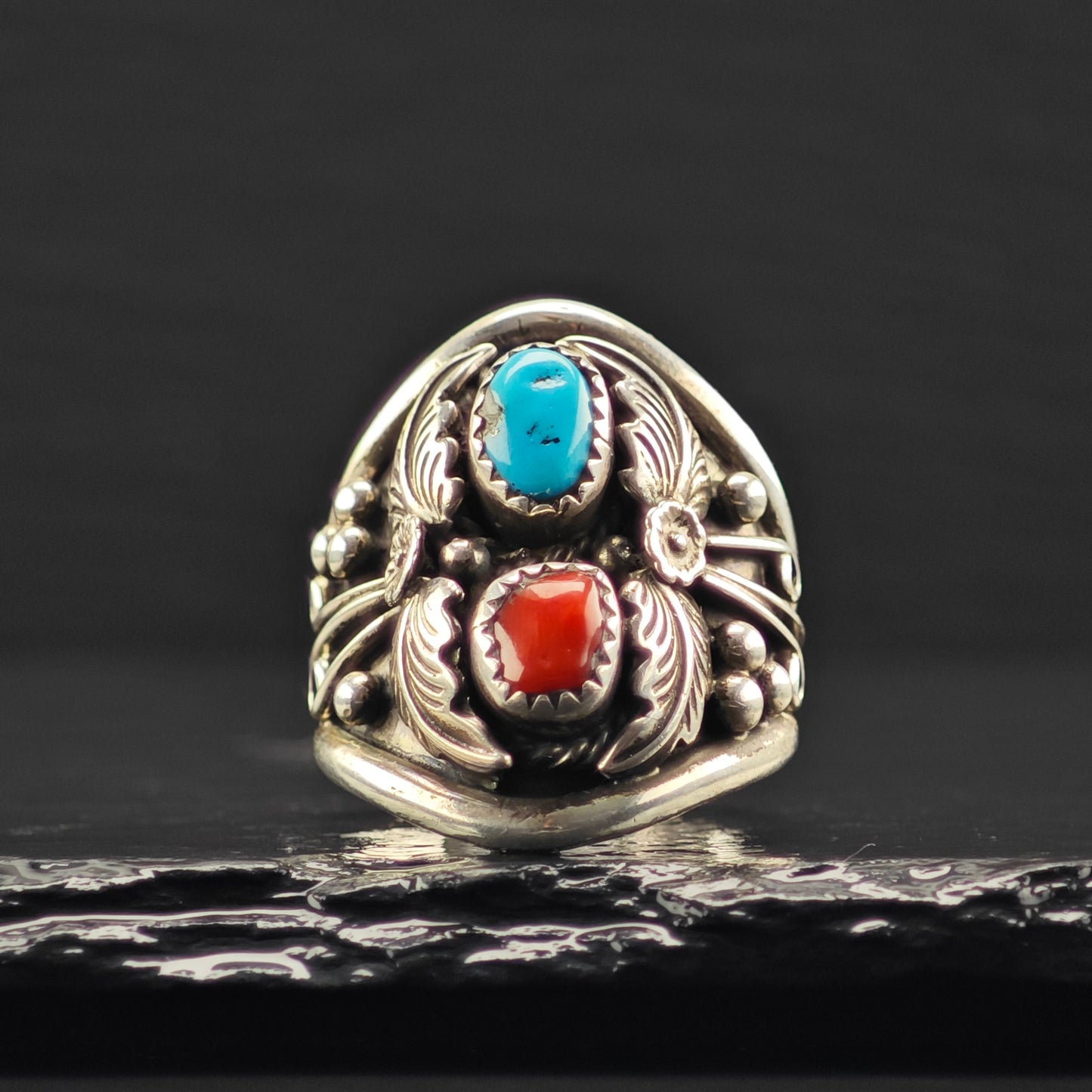 Native American Turquoise, Coral Ring Sterling Silver Sz 10 R6343