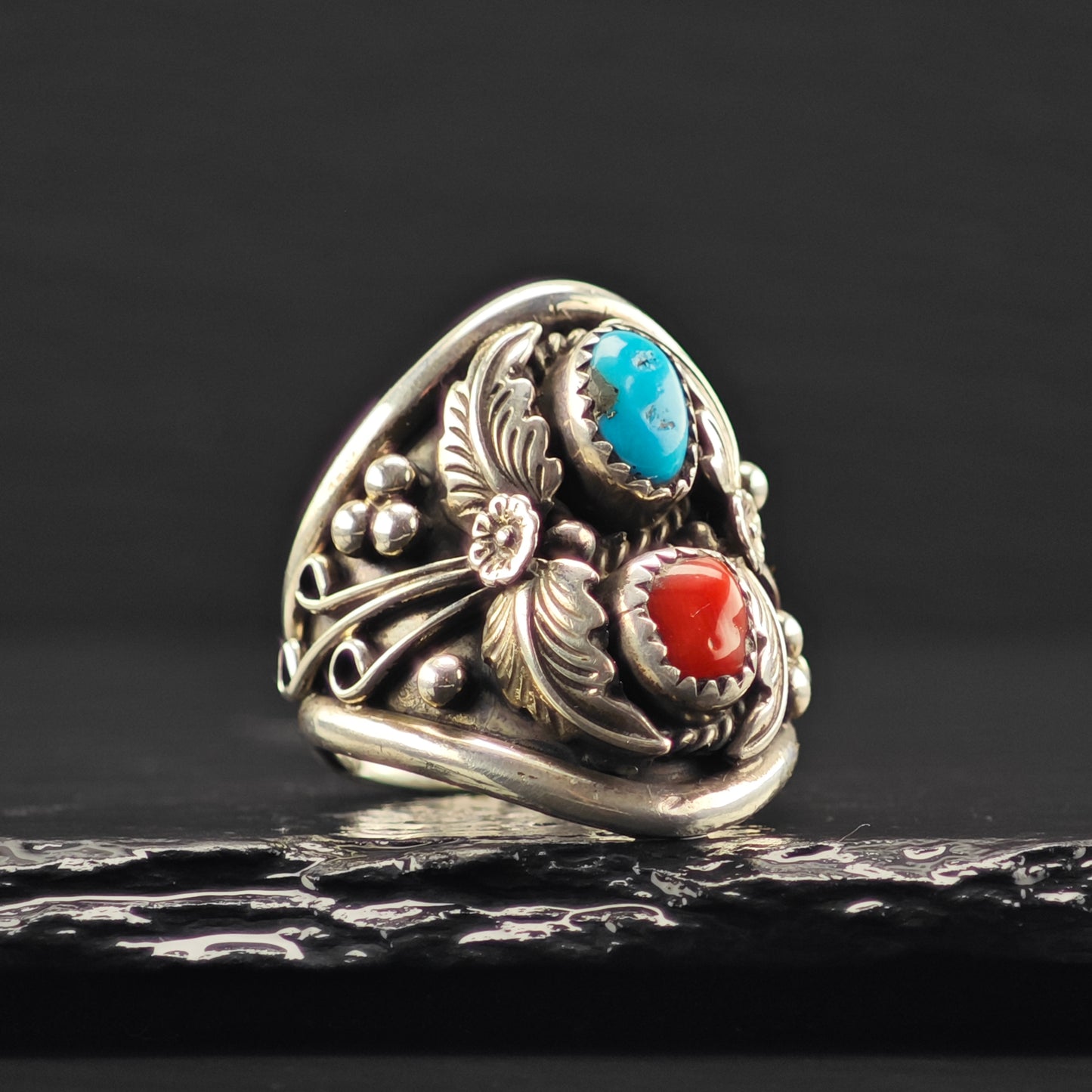 Native American Turquoise, Coral Ring Sterling Silver Sz 10 R6343