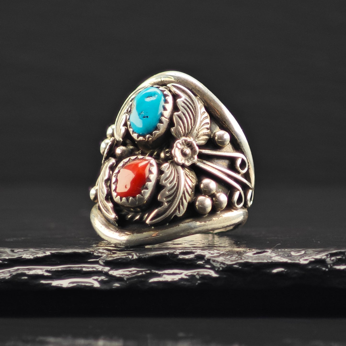 Native American Turquoise, Coral Ring Sterling Silver Sz 10 R6343