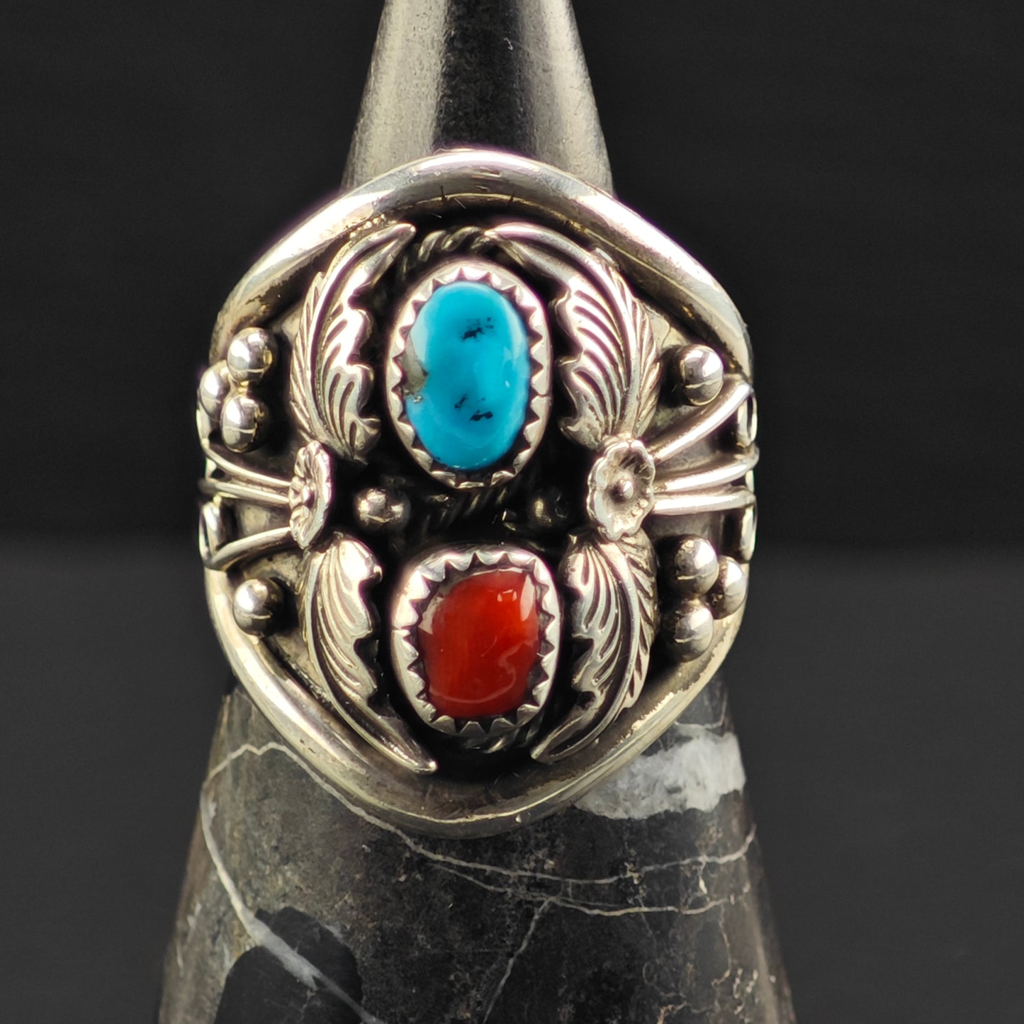 Native American Turquoise, Coral Ring Sterling Silver Sz 10 R6343