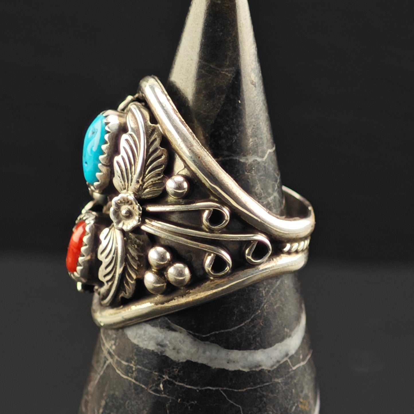 Native American Turquoise, Coral Ring Sterling Silver Sz 10 R6343