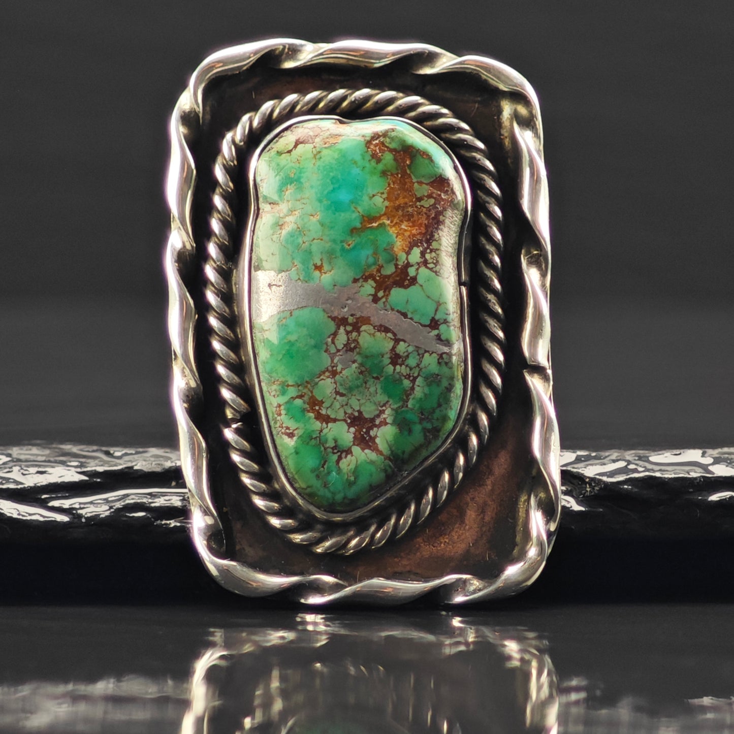 Sw Lg Green Spiderweb Turquoise Ring Sterling Silver Sz 9 R6344