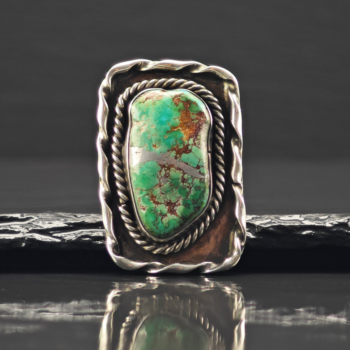 Sw Lg Green Spiderweb Turquoise Ring Sterling Silver Sz 9 R6344